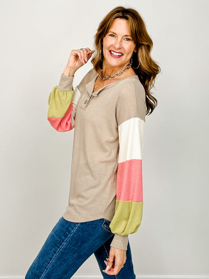Long Sleeve Color Block Button Front Top