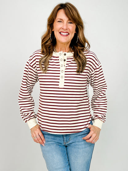 Stripe Henley Snap Button Long Sleeve Knit Top