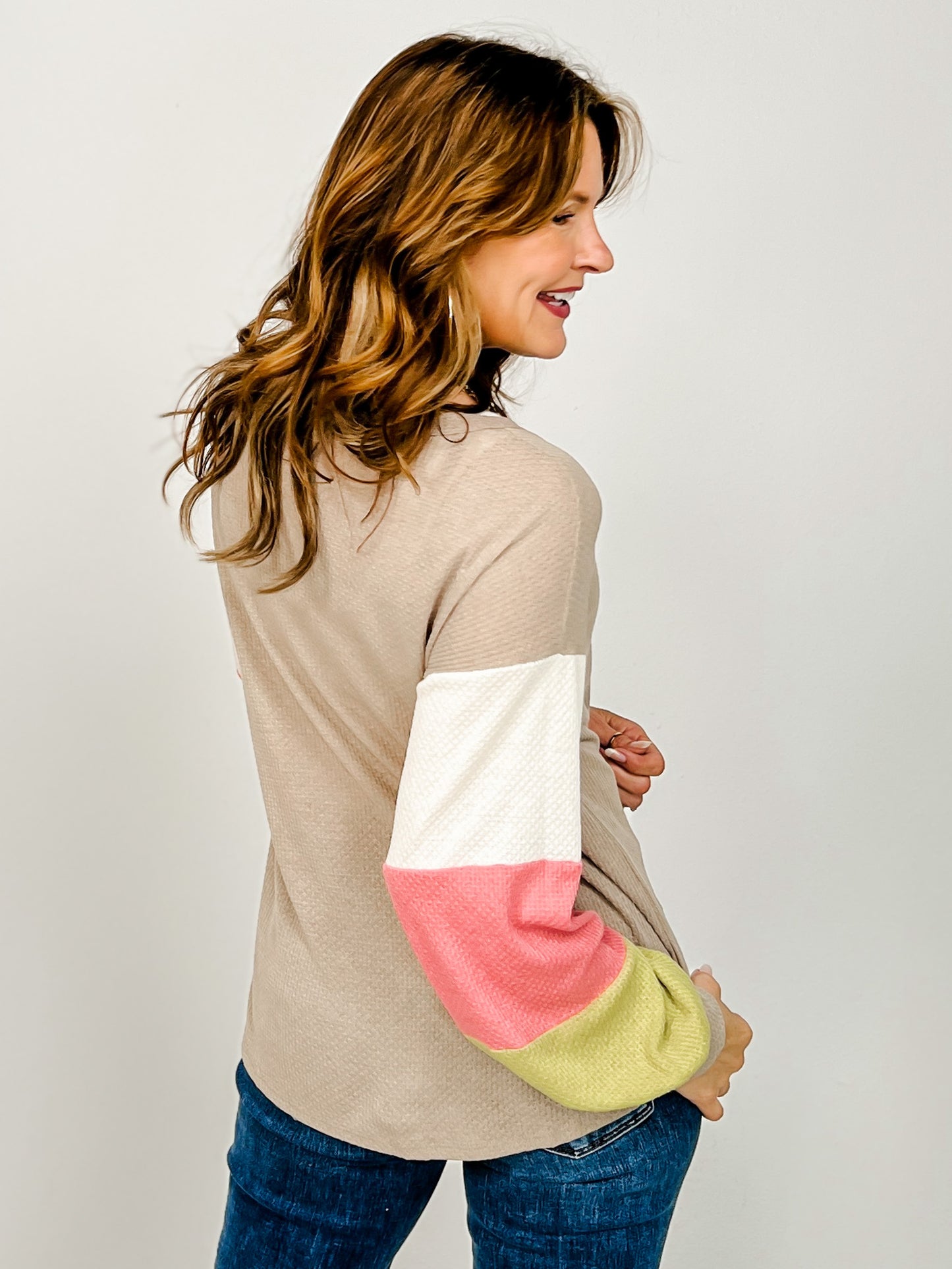 Long Sleeve Color Block Button Front Top