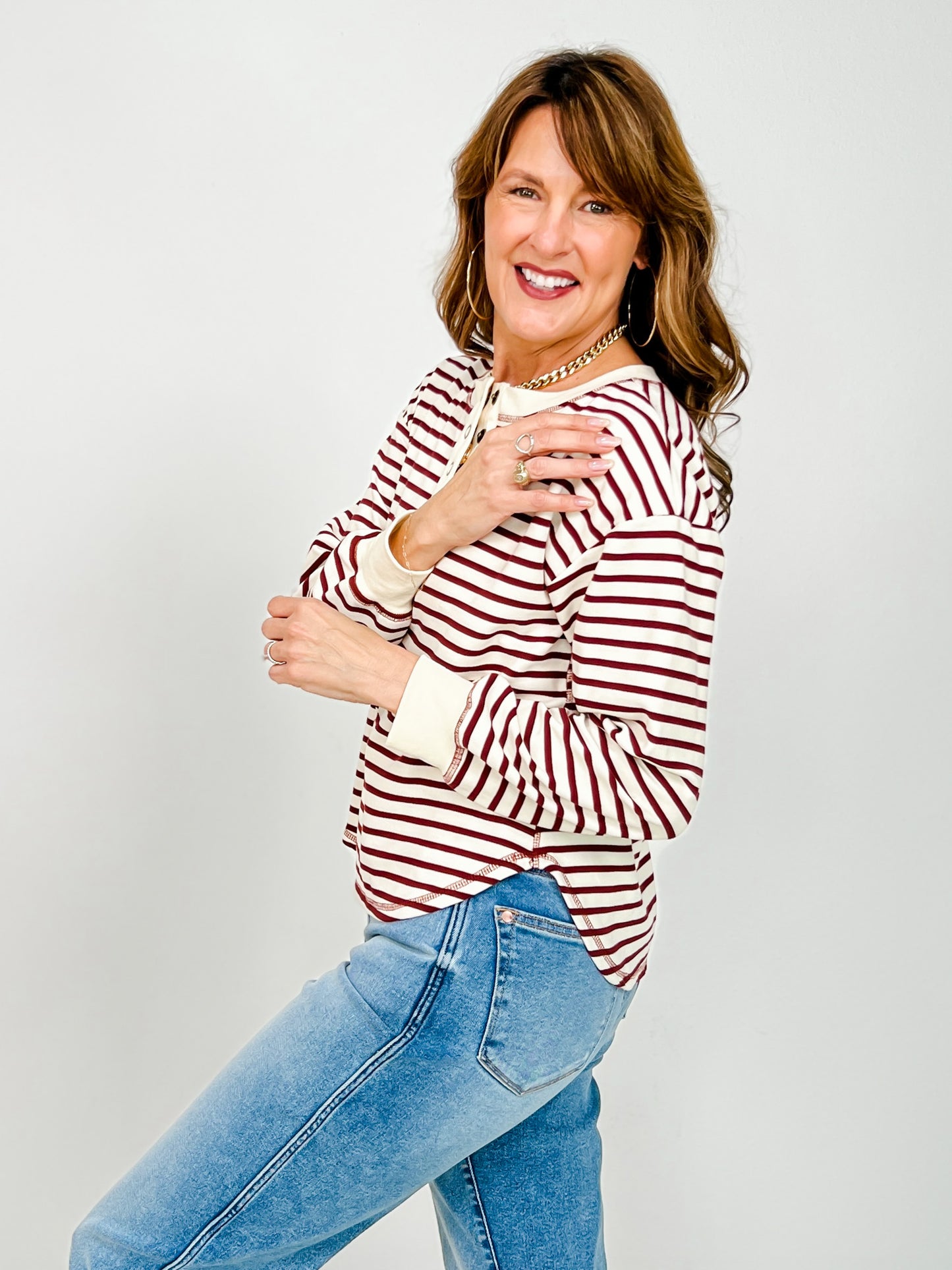 Stripe Henley Snap Button Long Sleeve Knit Top