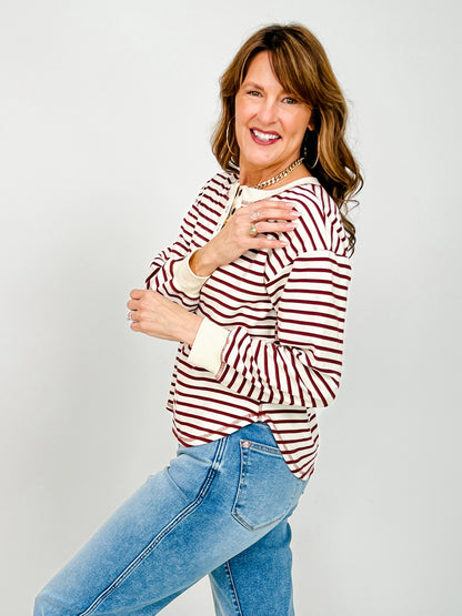 Stripe Henley Snap Button Long Sleeve Knit Top