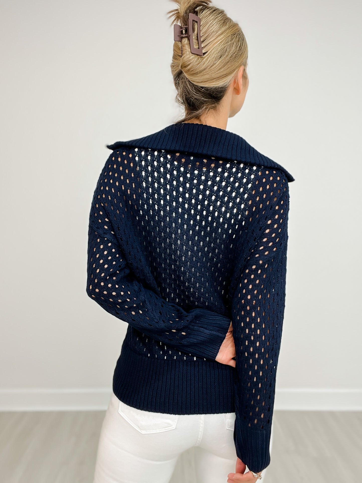 Long Sleeve Solid Knit Sweater with Quarter Zip-Up Neckline