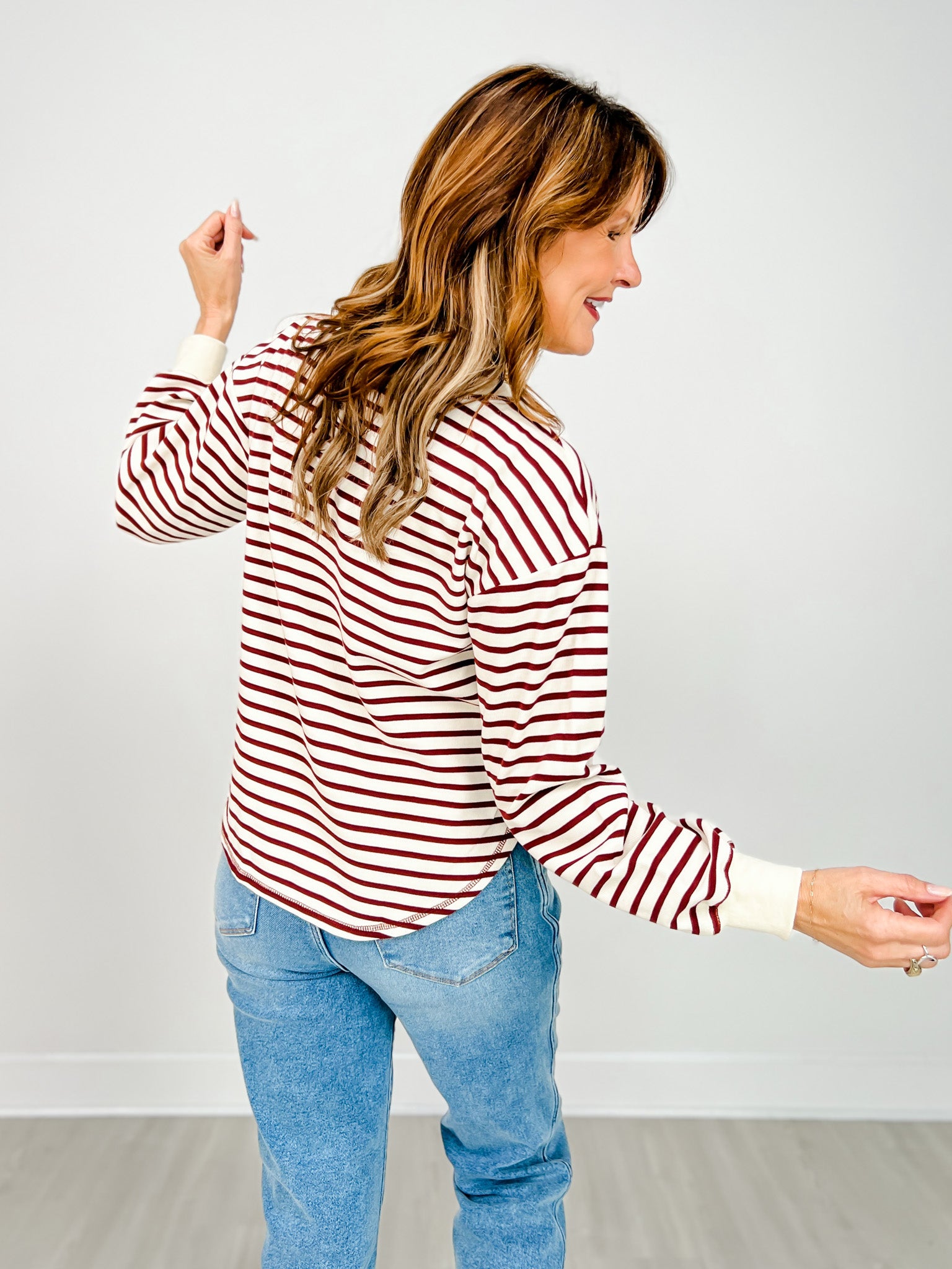 Stripe Henley Snap Button Long Sleeve Knit Top