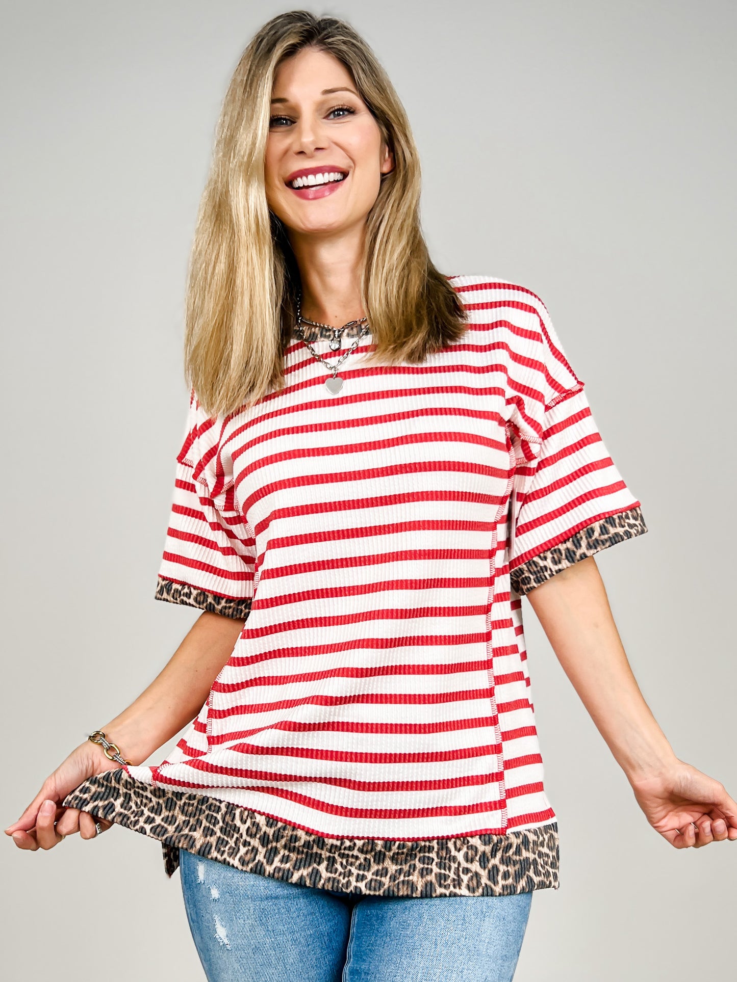 Short Sleeve Stripe Contrast Urban Rib Top
