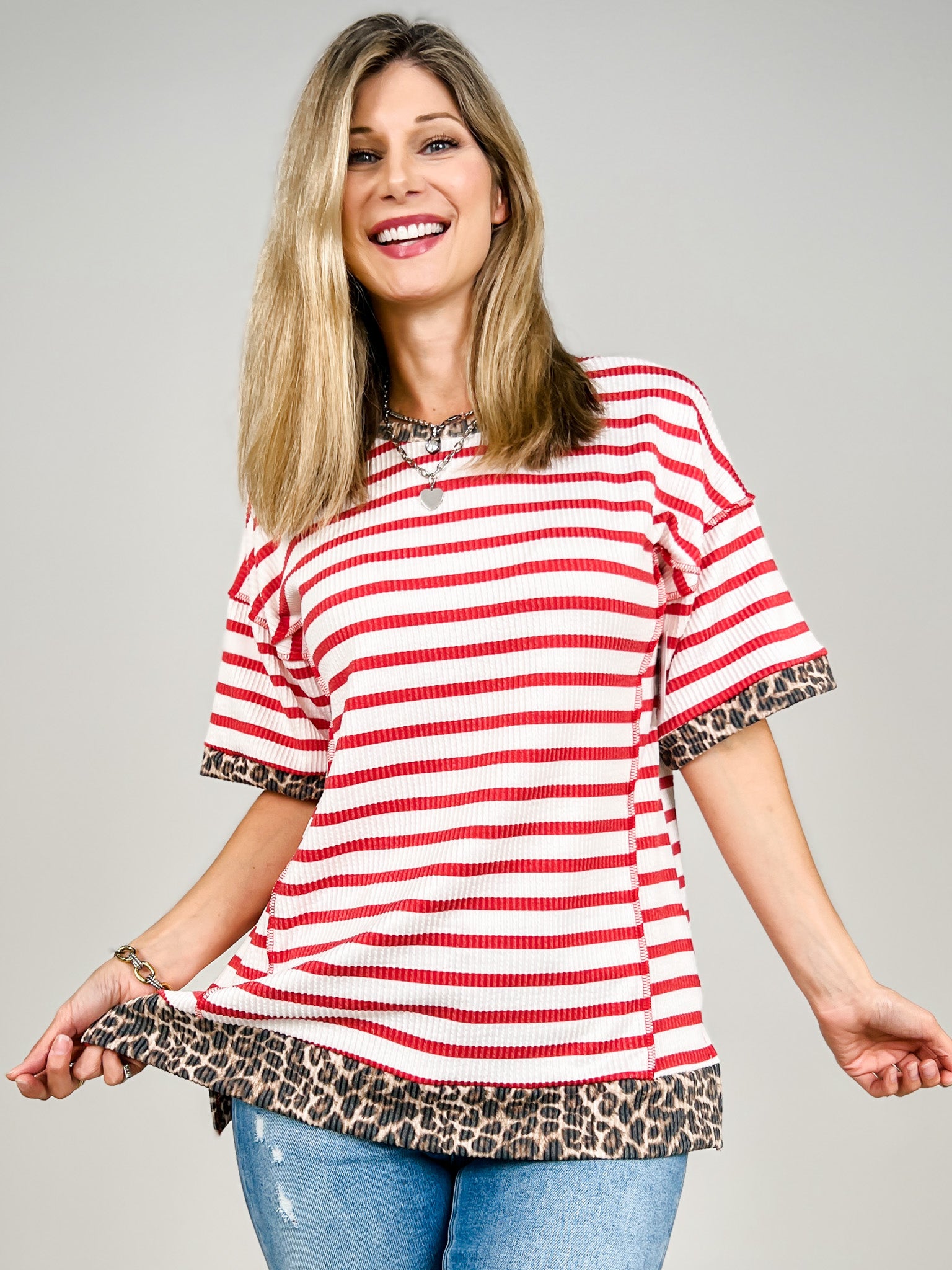 Short Sleeve Stripe Contrast Urban Rib Top
