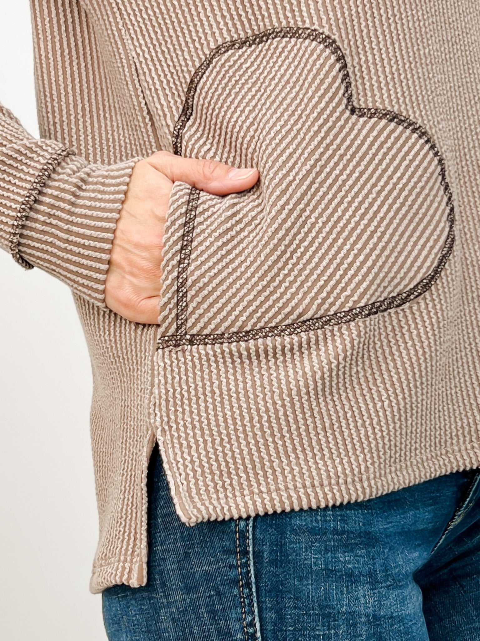 Long Sleeve Ribbed Knit Bishop Pocket Top