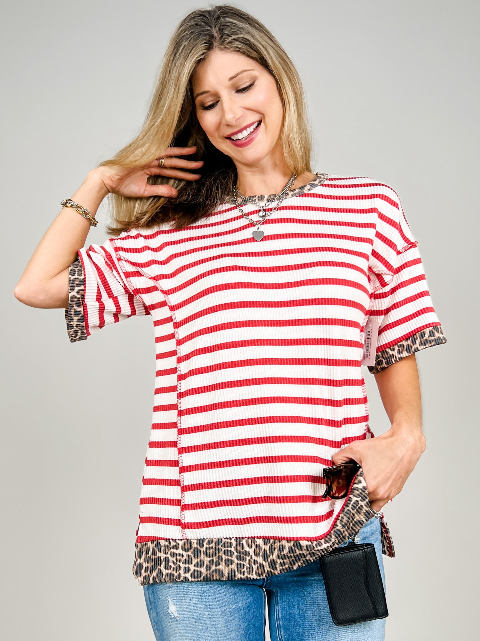 Short Sleeve Stripe Contrast Urban Rib Top