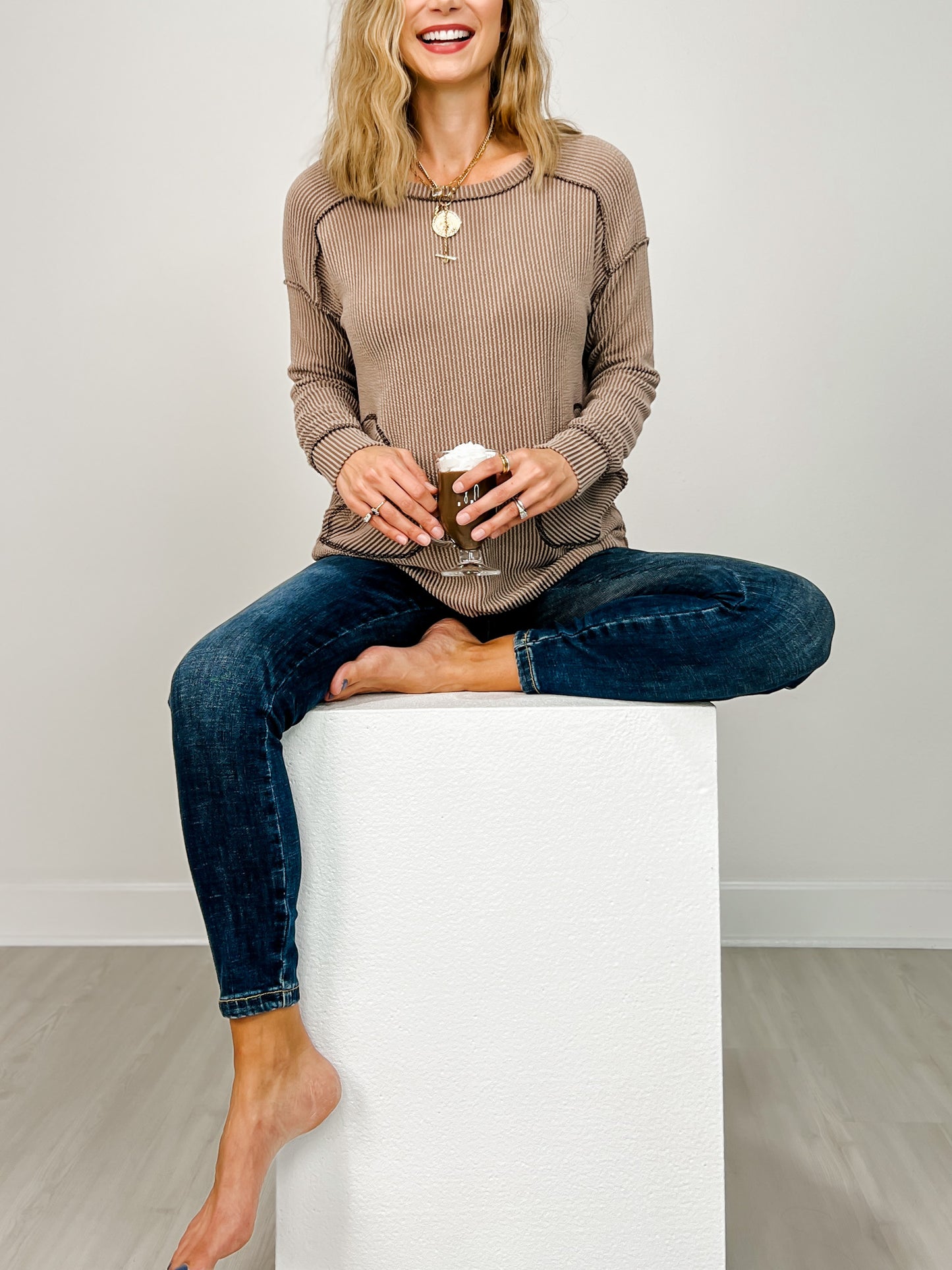 Long Sleeve Ribbed Knit Bishop Pocket Top