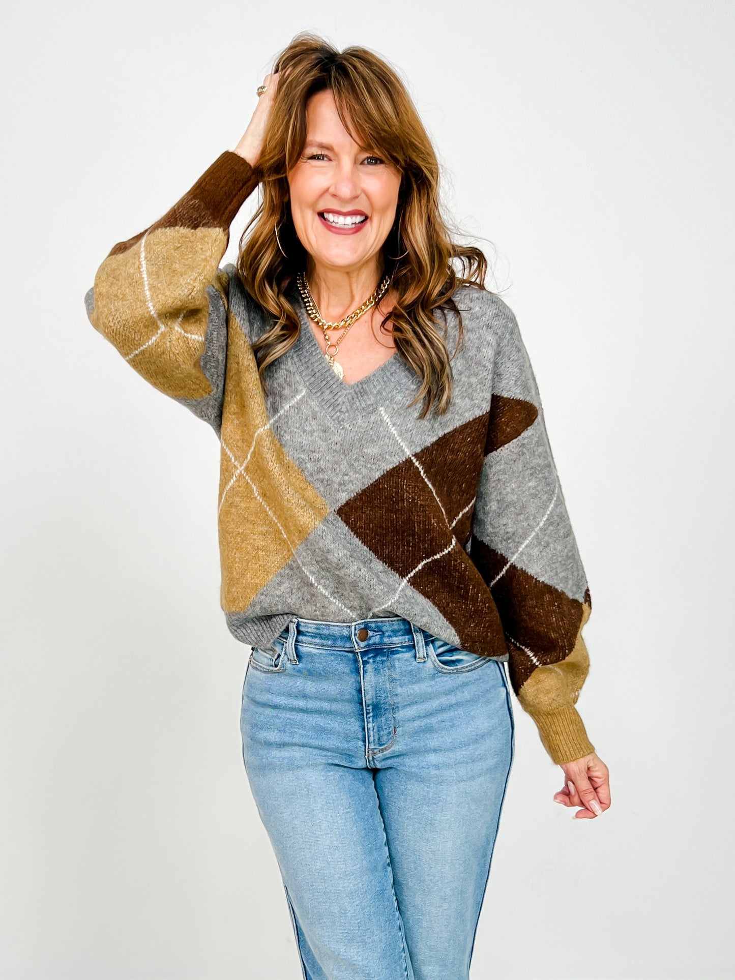 Argyle V-Neck Long Sleeve Pullover Sweater