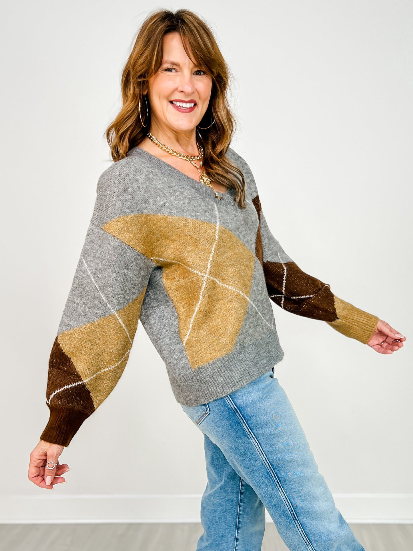 Argyle V-Neck Long Sleeve Pullover Sweater