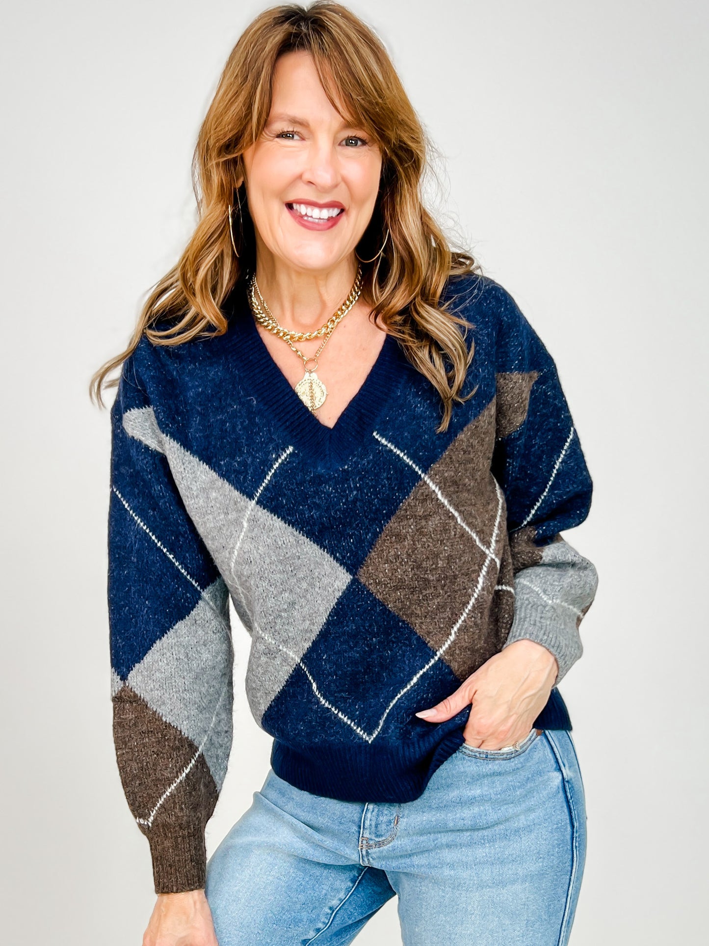 Argyle V-Neck Long Sleeve Pullover Sweater