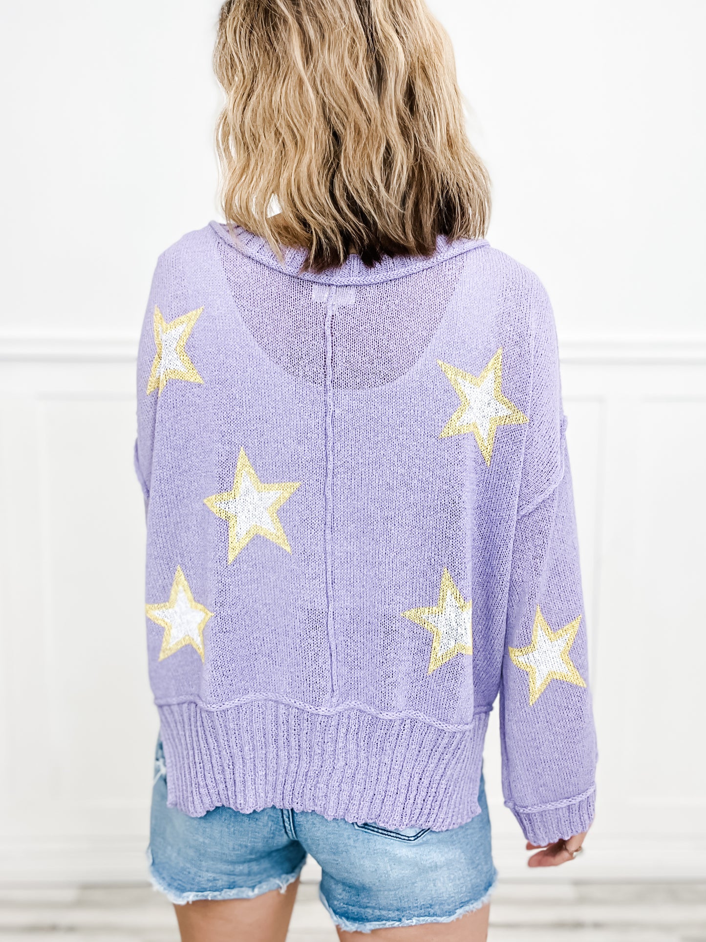 A Star Is Born Long Sleeve Star Print Lightweight Sweater