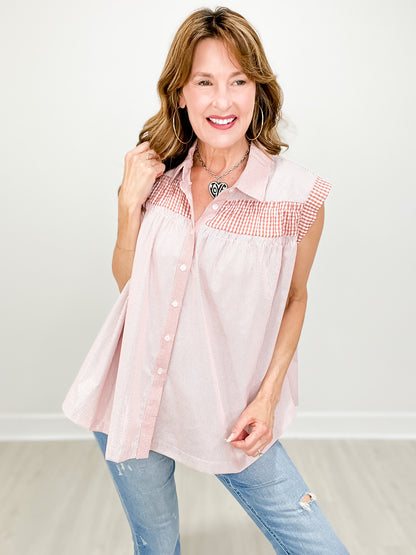Sleeveless Gingham Mix Match Front Button Top