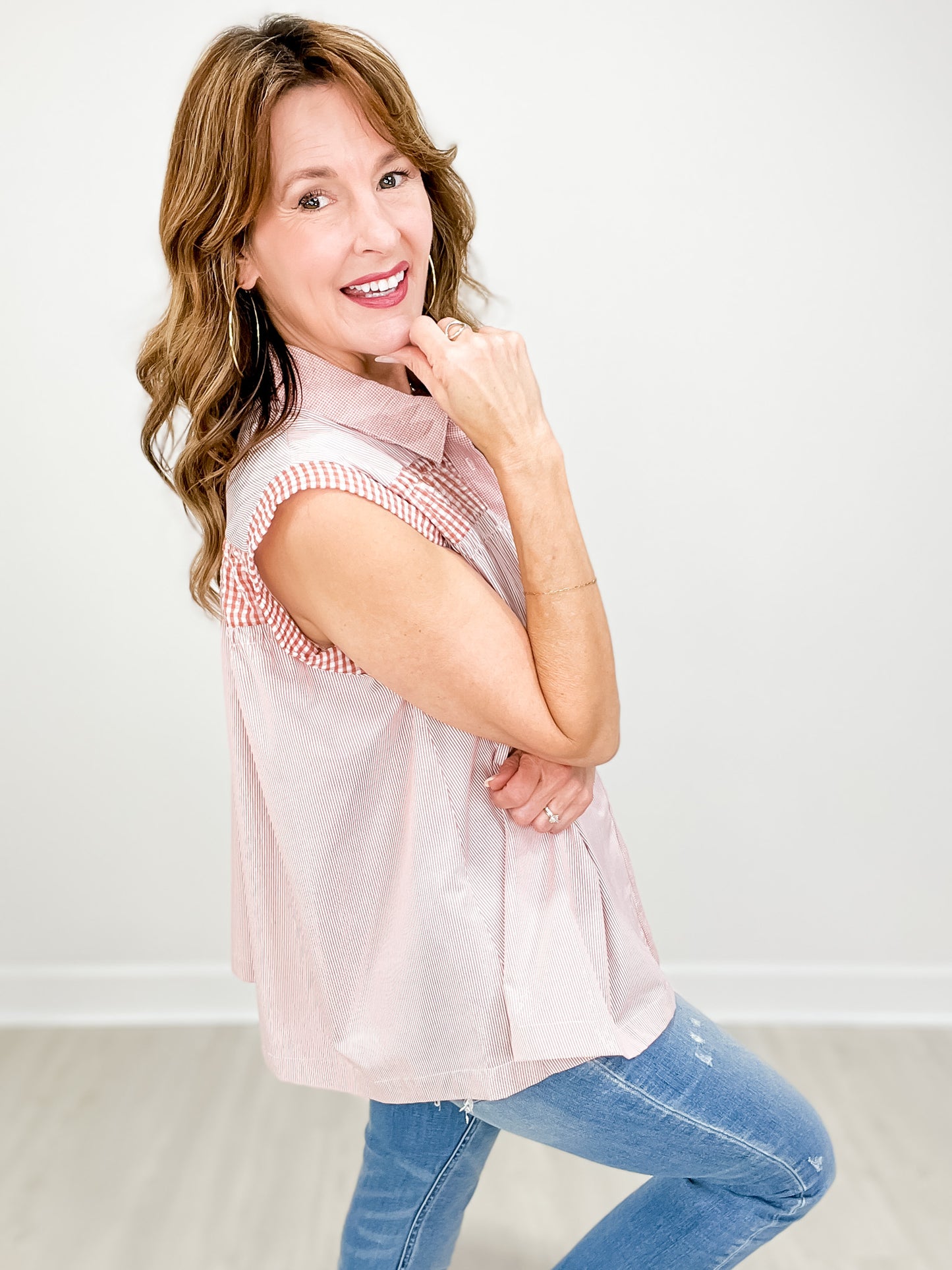 Sleeveless Gingham Mix Match Front Button Top
