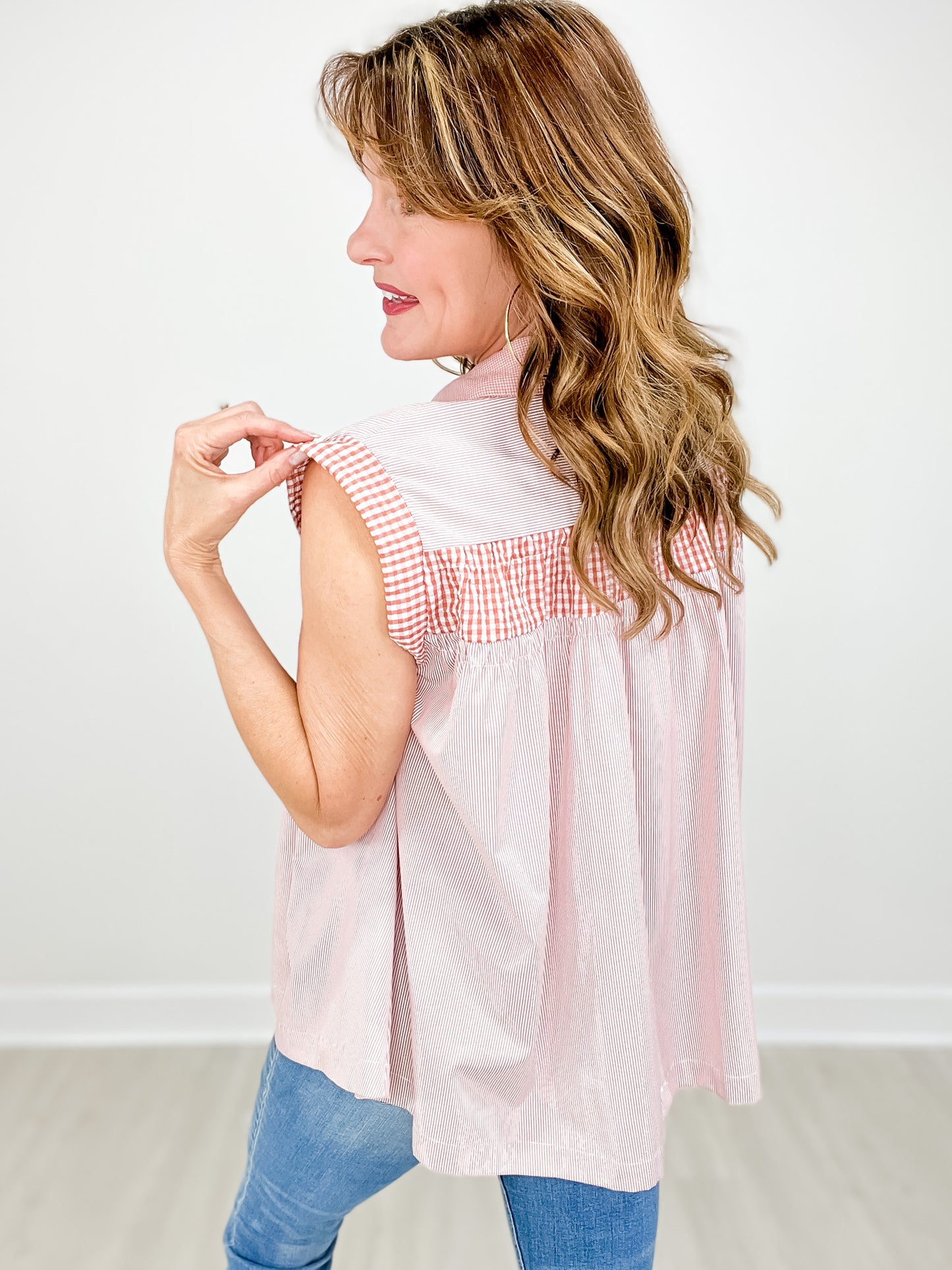 Sleeveless Gingham Mix Match Front Button Top