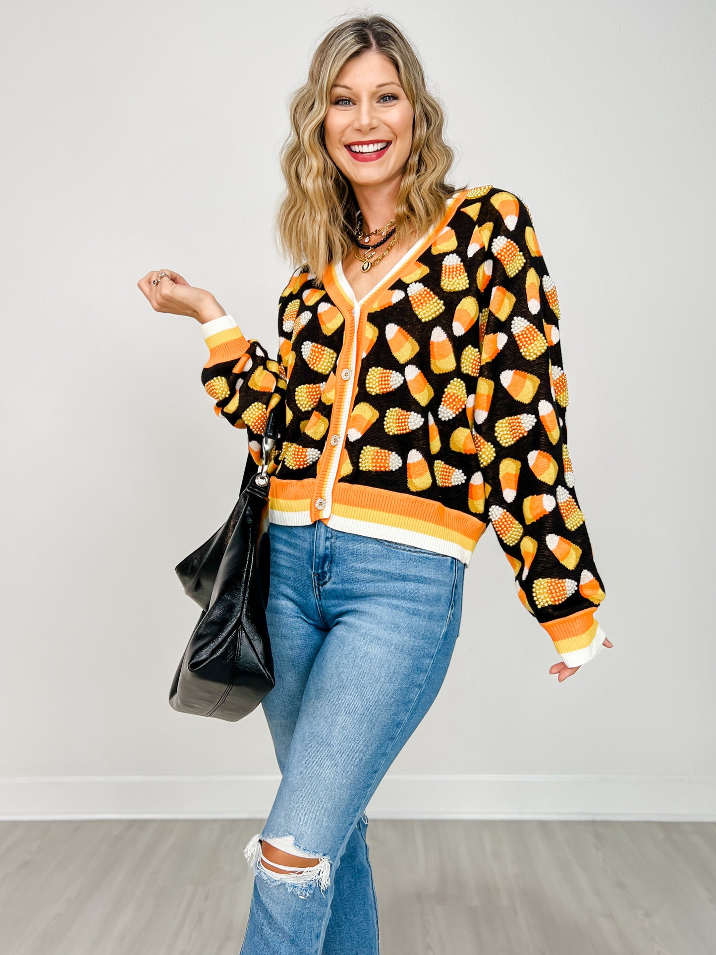 Queen of Sparkles Black Pearl Candy Corn Cardigan