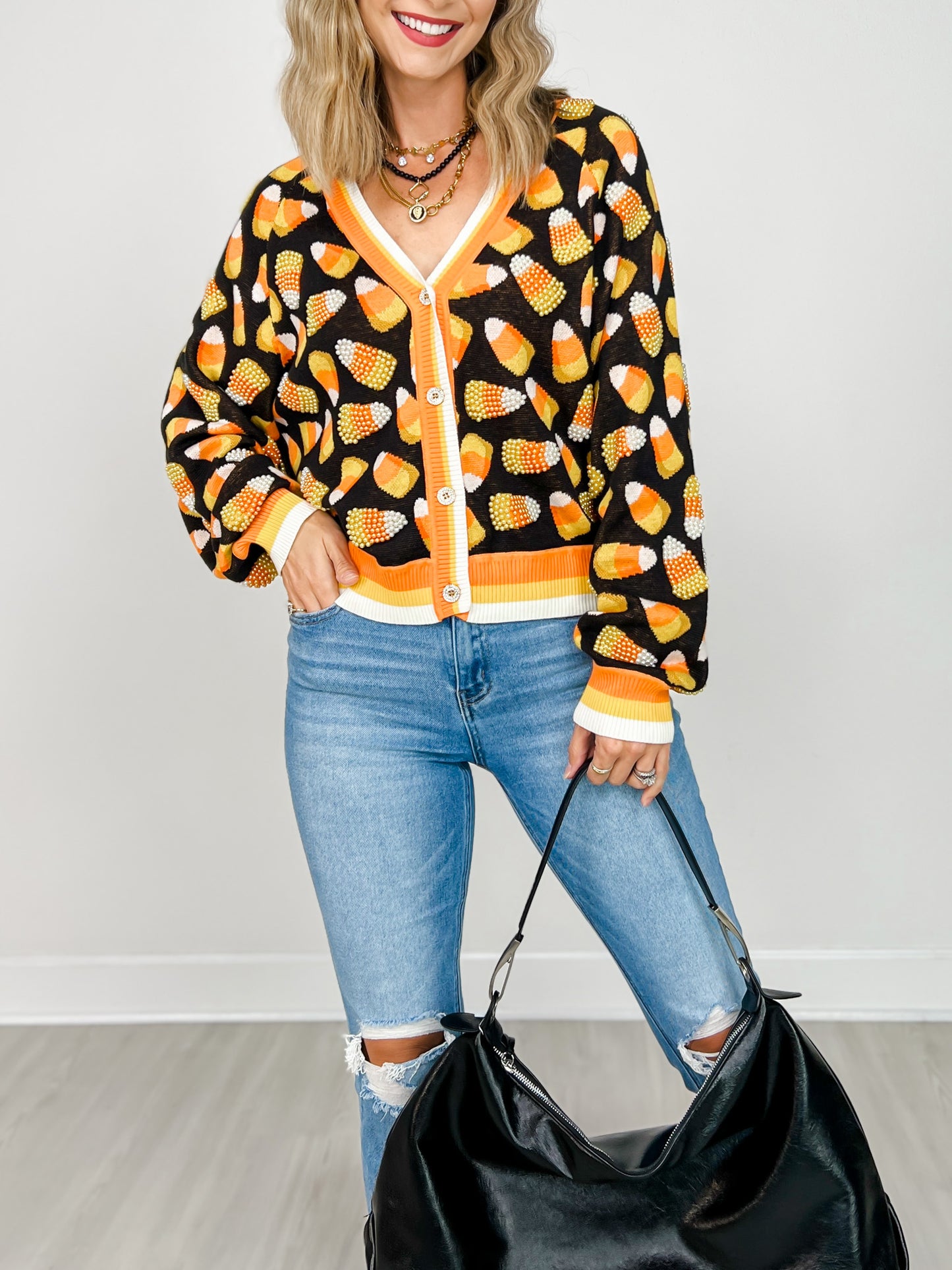 Queen of Sparkles Black Pearl Candy Corn Cardigan
