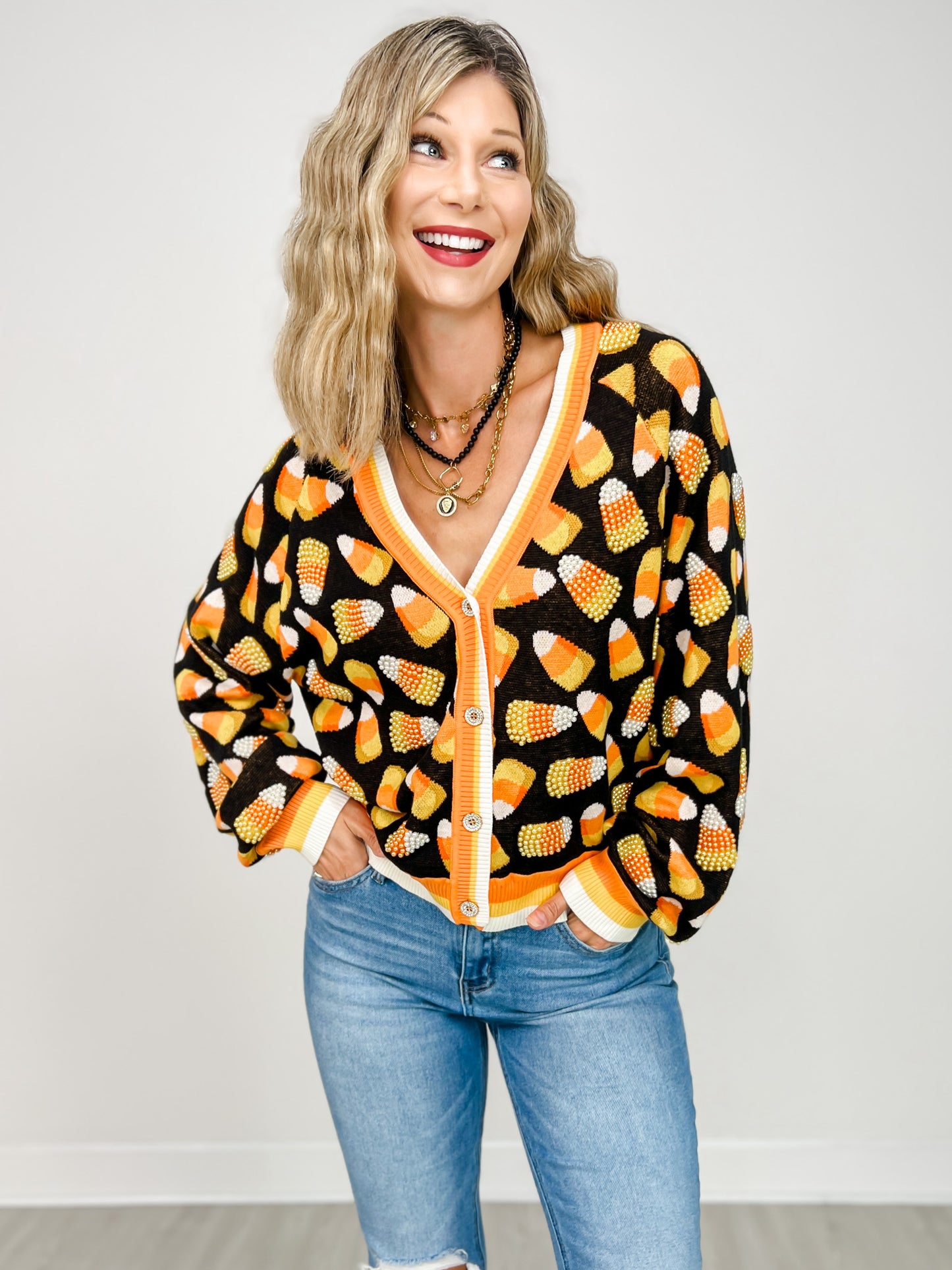Queen of Sparkles Black Pearl Candy Corn Cardigan