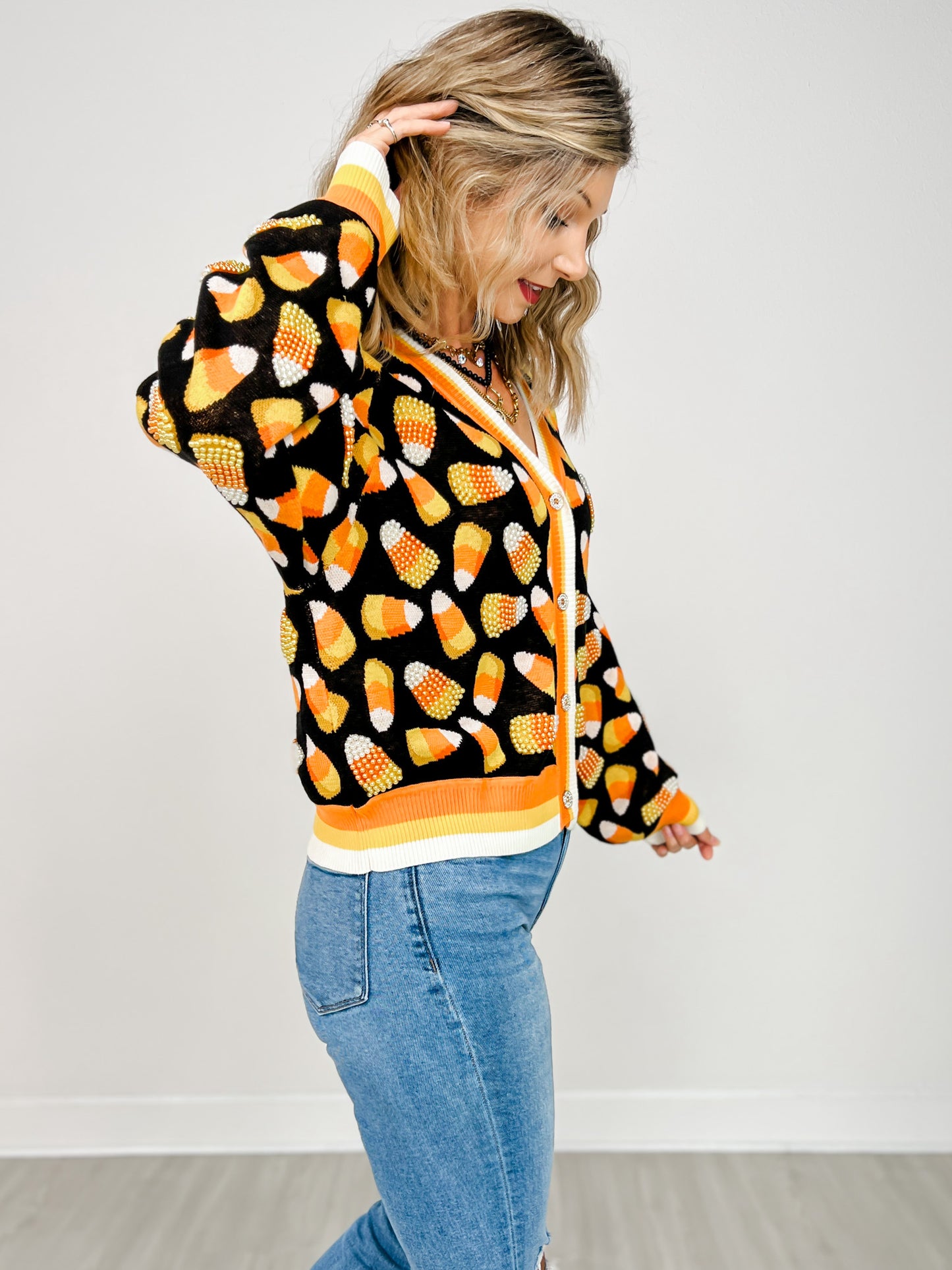 Queen of Sparkles Black Pearl Candy Corn Cardigan
