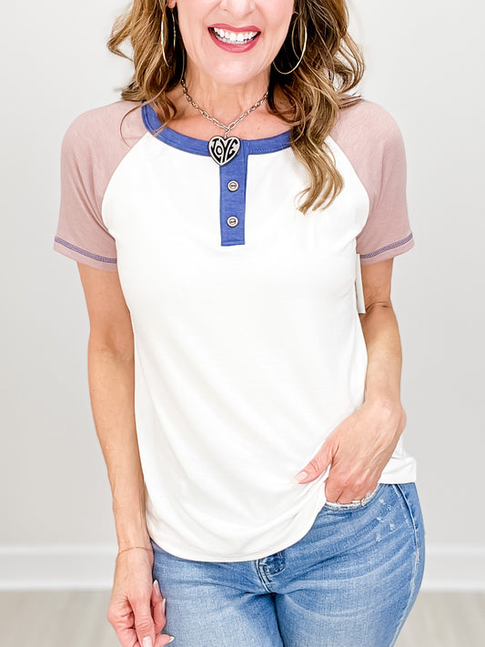 Short Sleeve Half Button Color Block Top