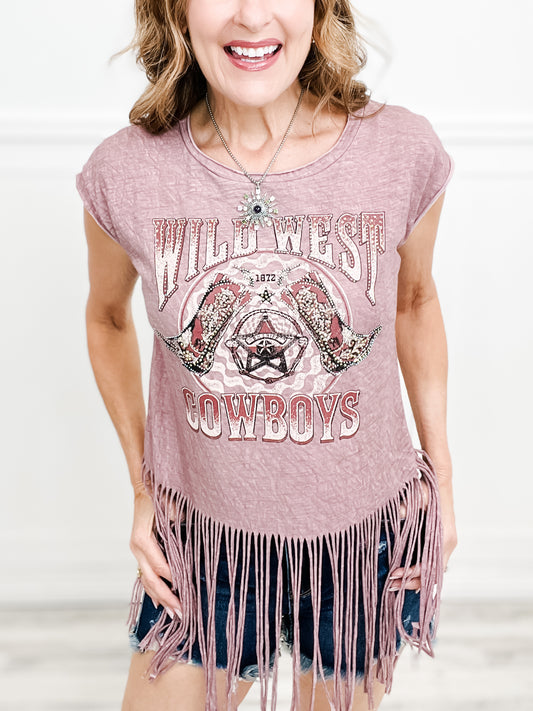 Western Print Fringed Short Sleeve Top