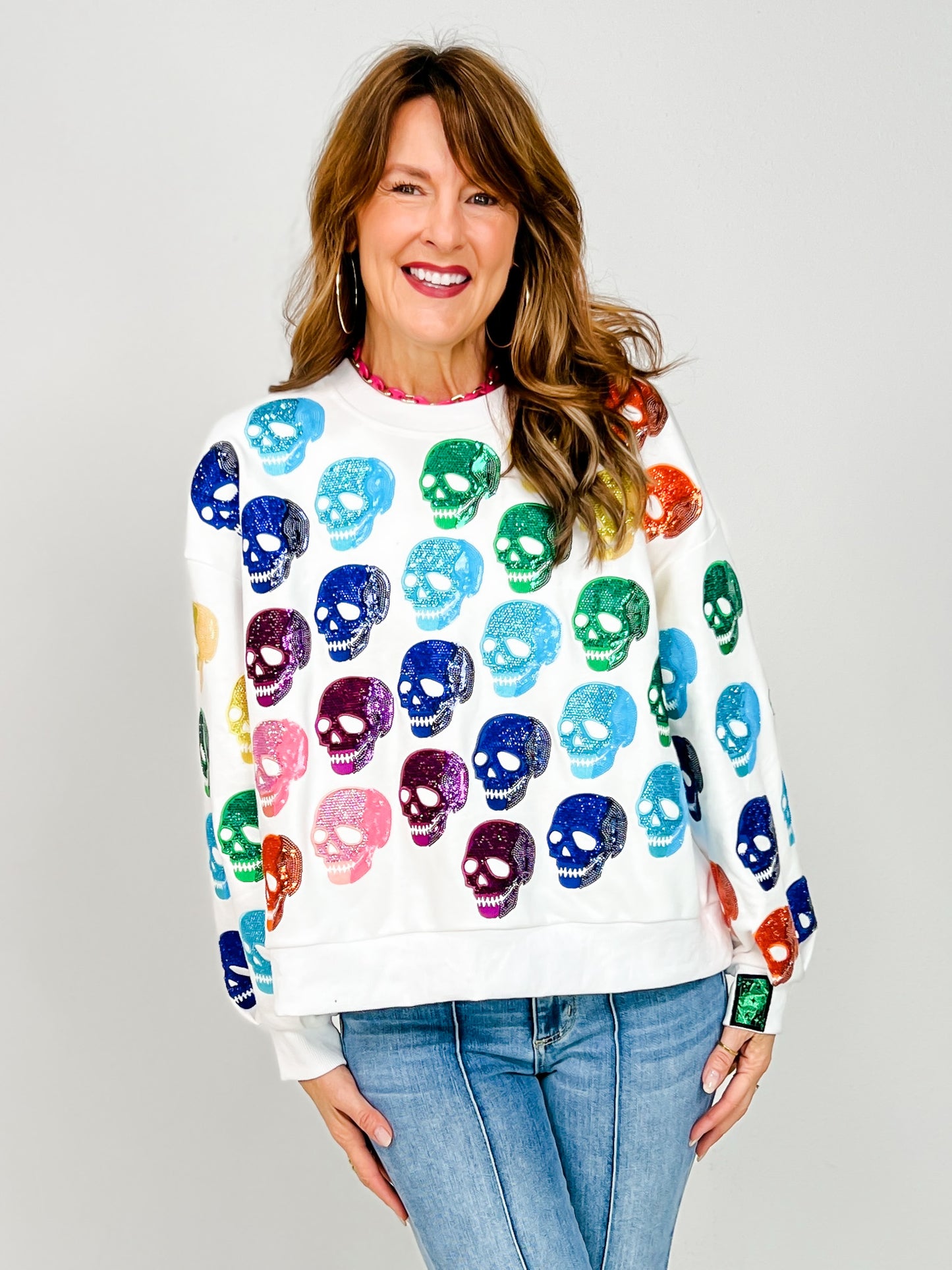 Queen of Sparkles White Rainbow Skulls Sweatshirt