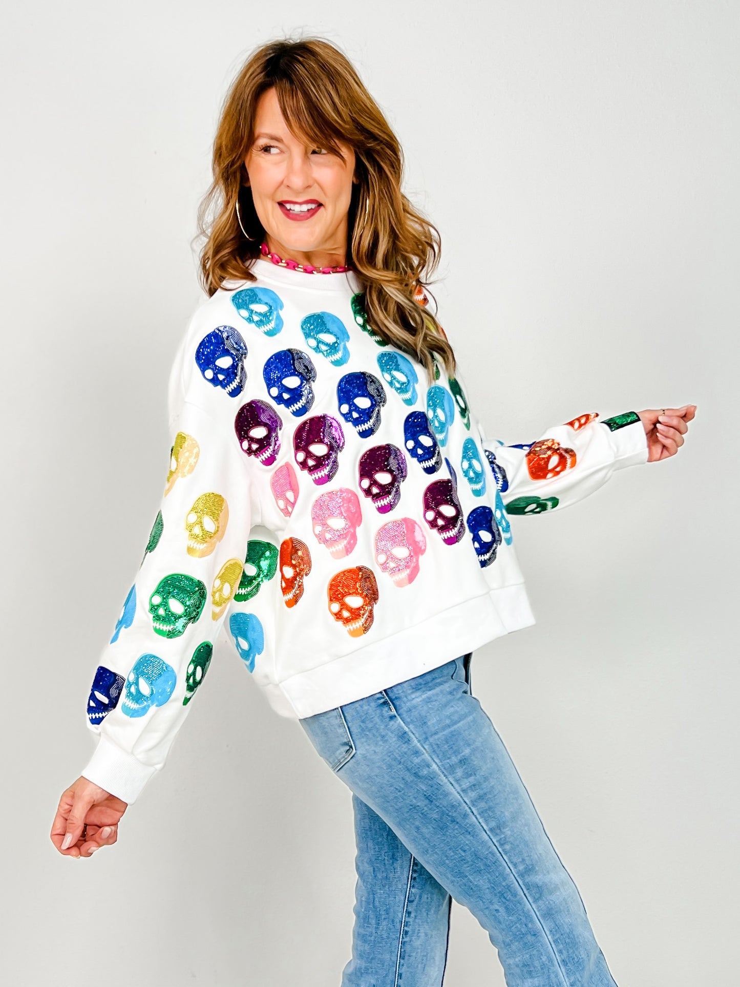 Queen of Sparkles White Rainbow Skulls Sweatshirt
