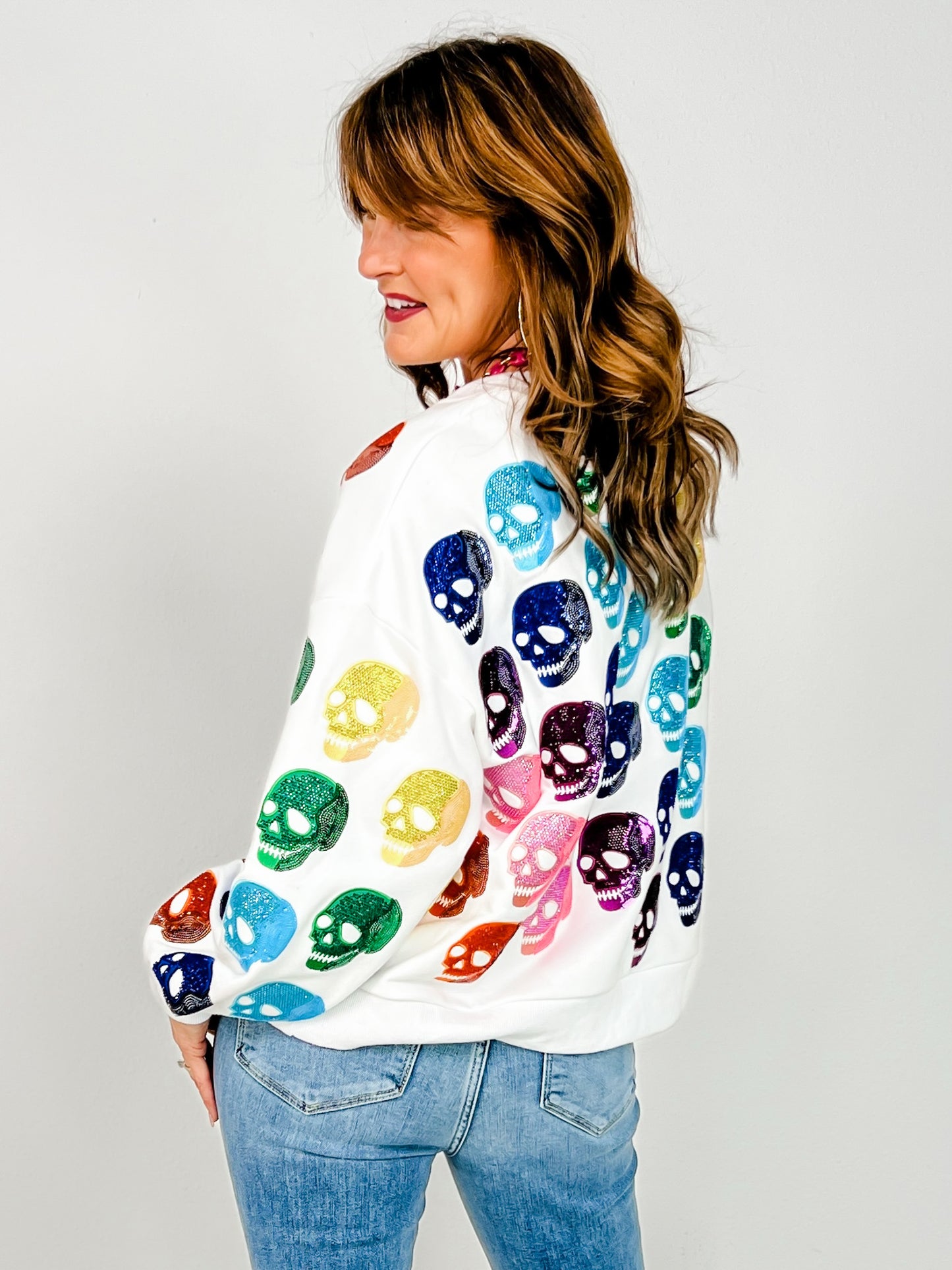 Queen of Sparkles White Rainbow Skulls Sweatshirt