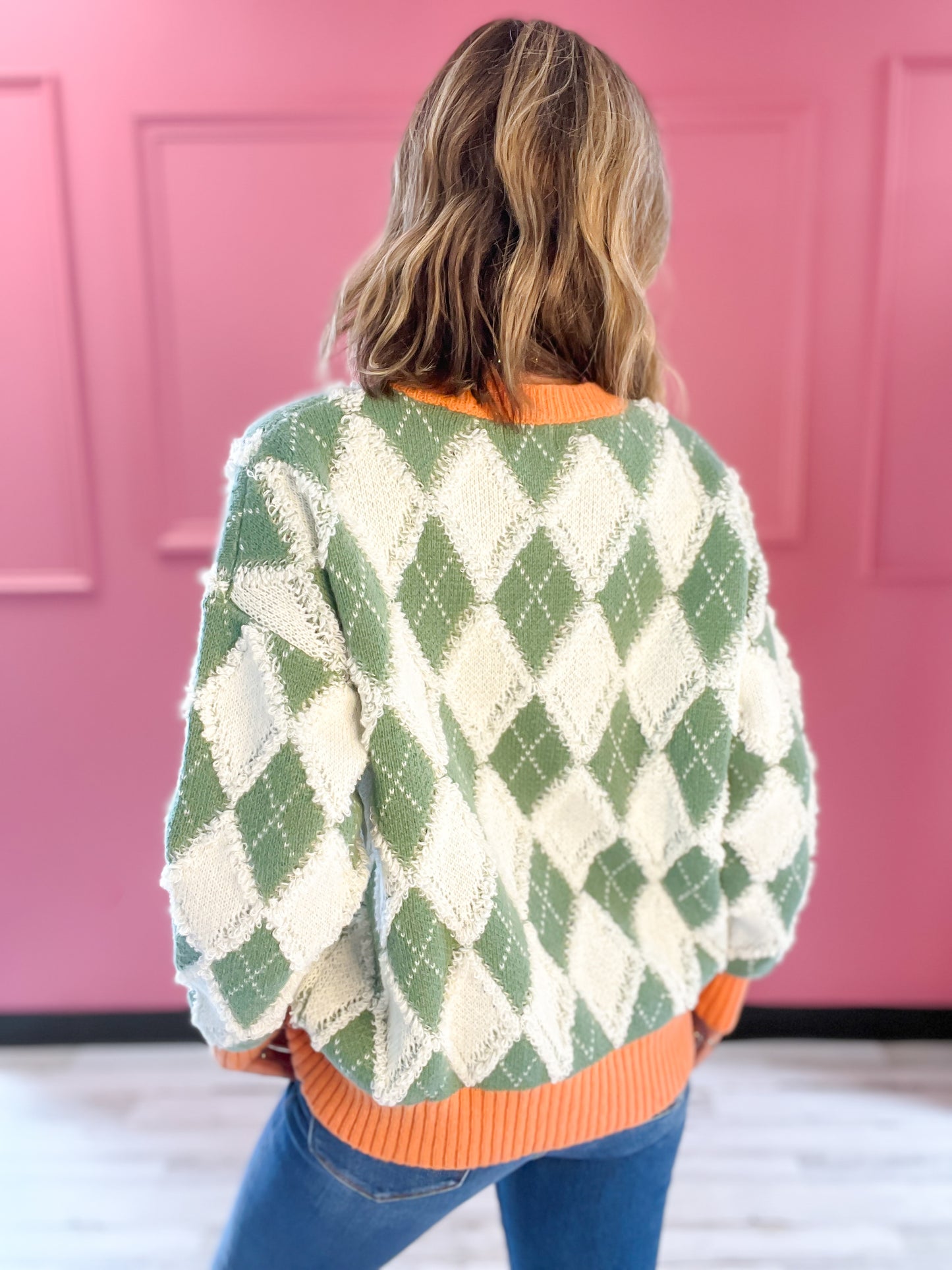 Beautiful Noise Crew Neck Argyle Color Block Sweater