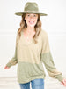 Solid Contrast Fabric Long Sleeve Top with V-Neckline