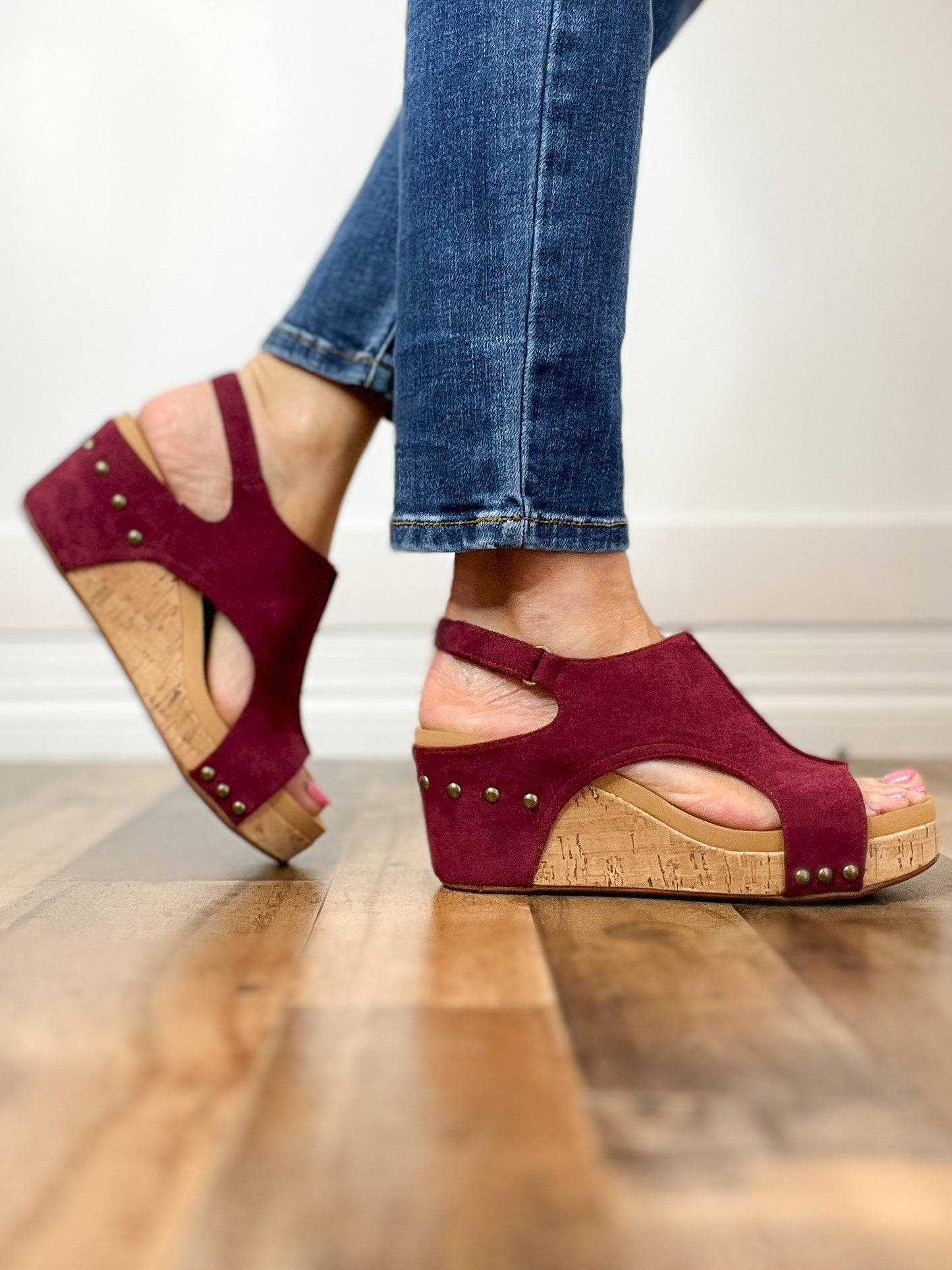 Corkys Carley Wedge Shoe Dark Red Suede