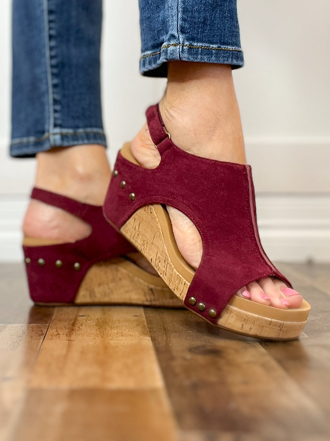 Corkys Carley Wedge Shoe Dark Red Suede