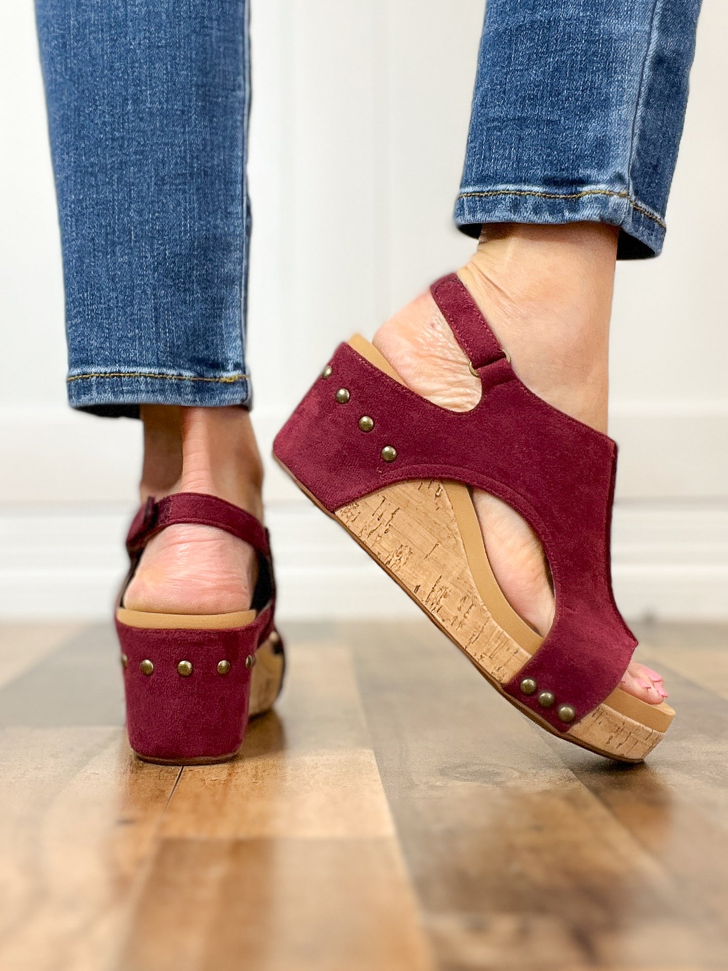 Corkys Carley Wedge Shoe Dark Red Suede