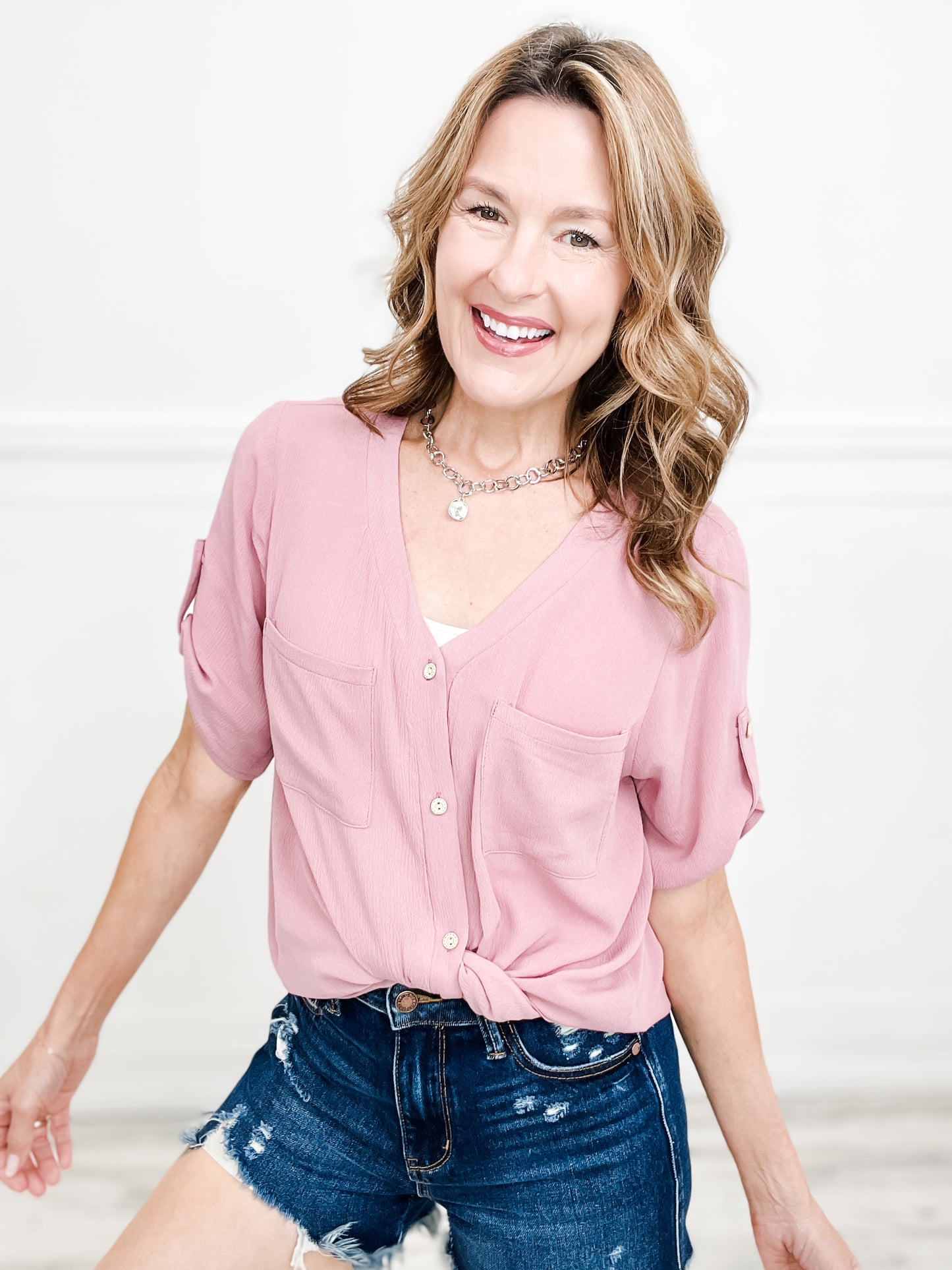 Charmer Short Sleeve V-Neck Crinkle Button Down Top