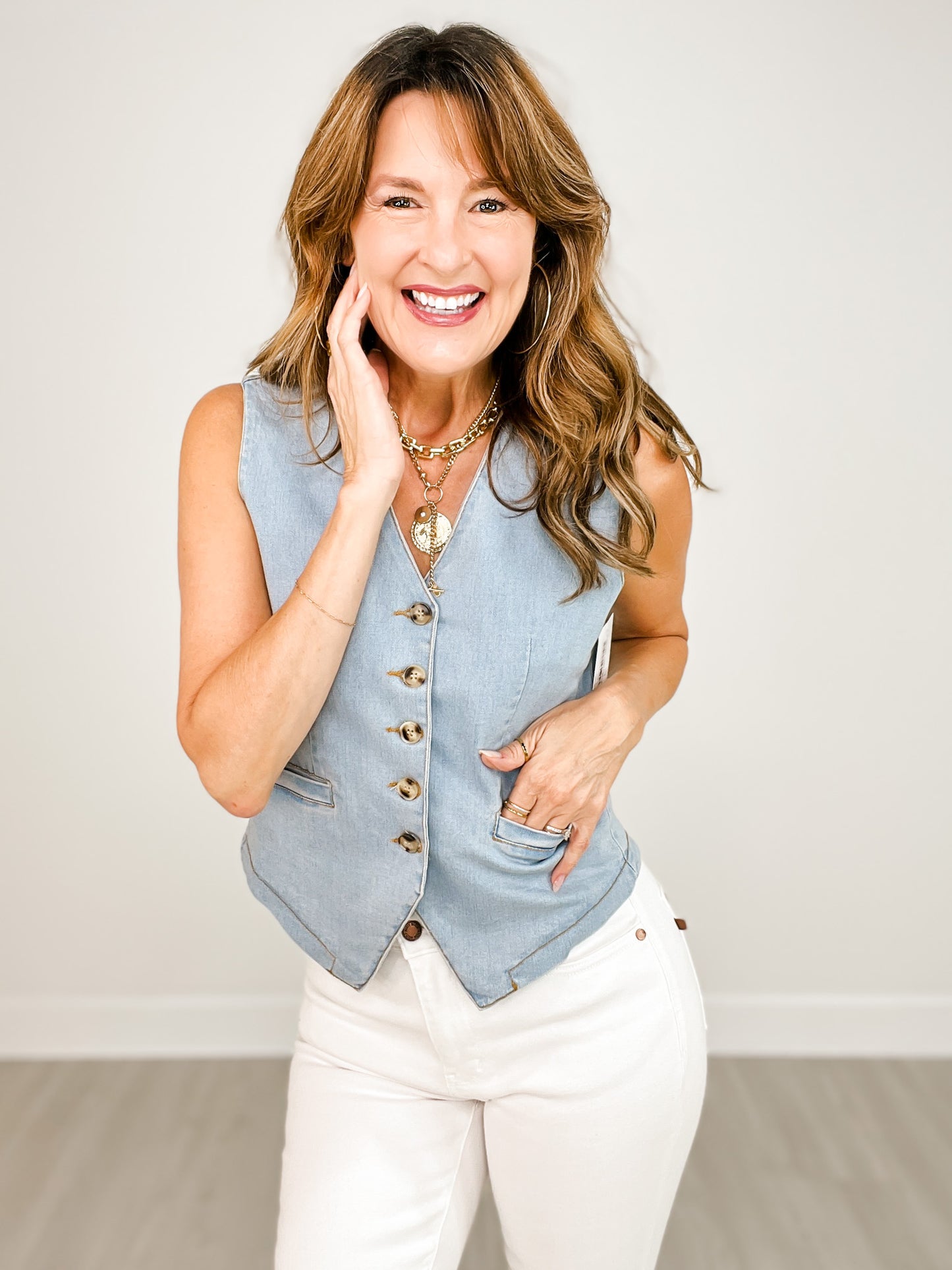 Stretch Denim Sleeveless Button Down Vest