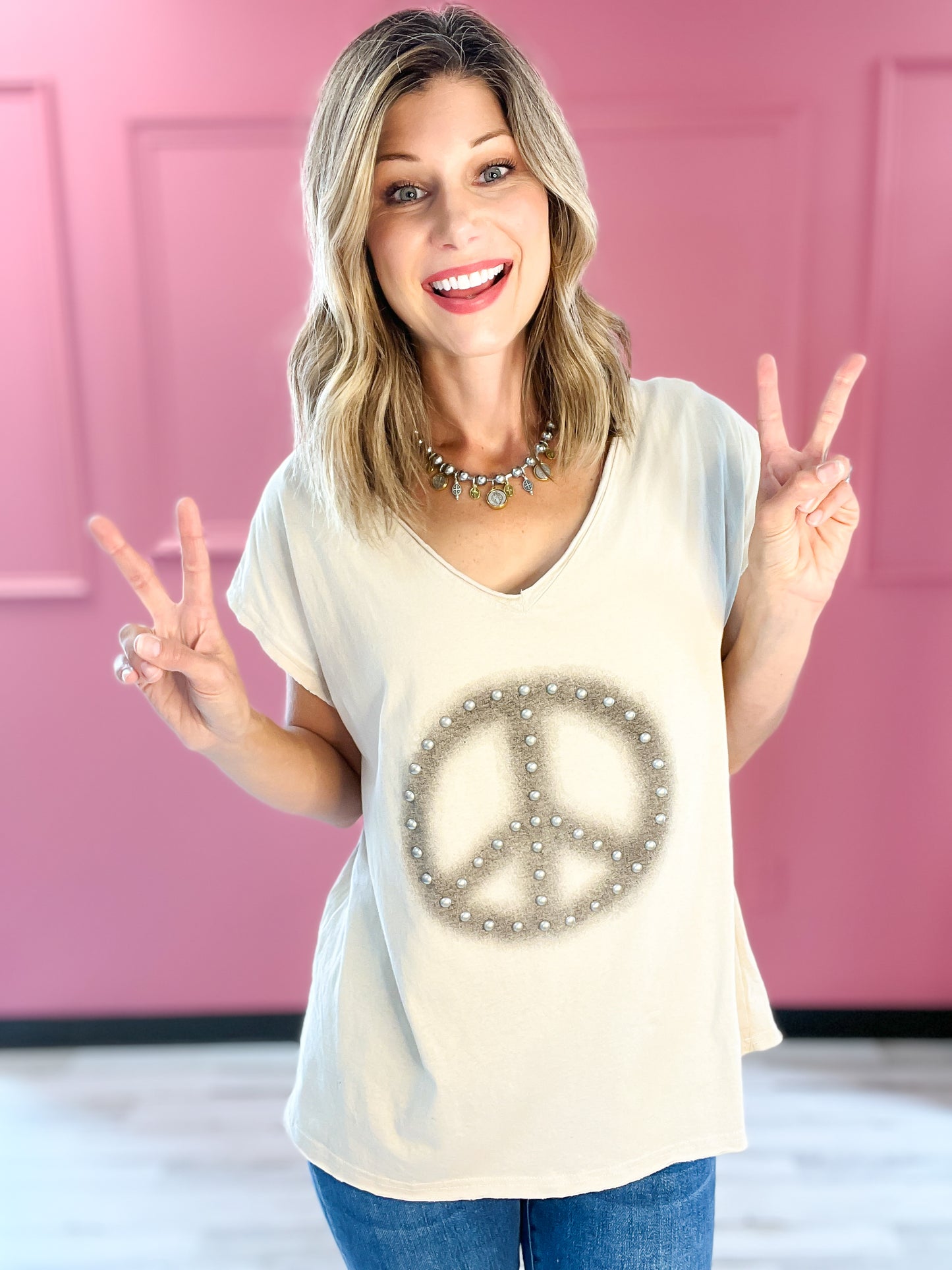 V-Neck Peace Printed Classic Knit Top - A