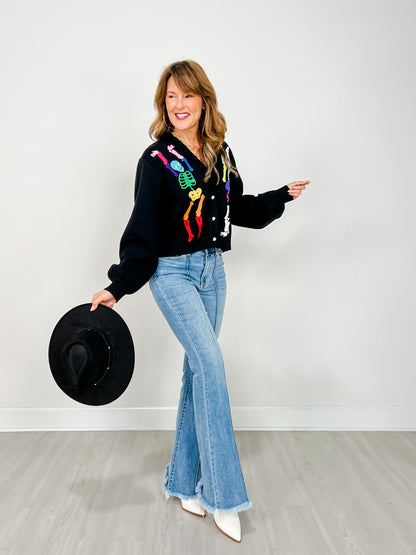 Queen of Sparkles Black Rainbow Skeleton Button Up Cardigan