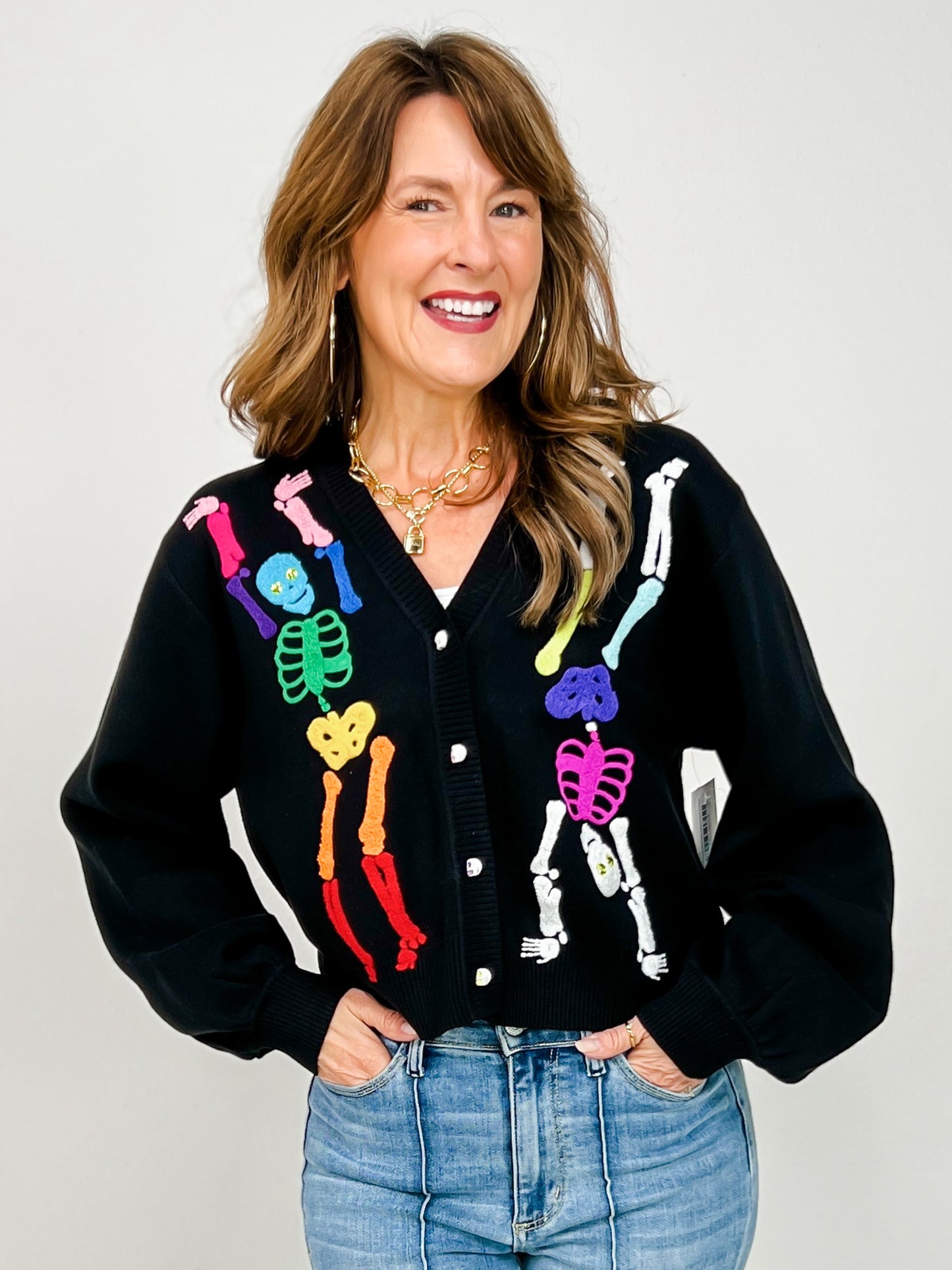 Queen of Sparkles Black Rainbow Skeleton Button Up Cardigan