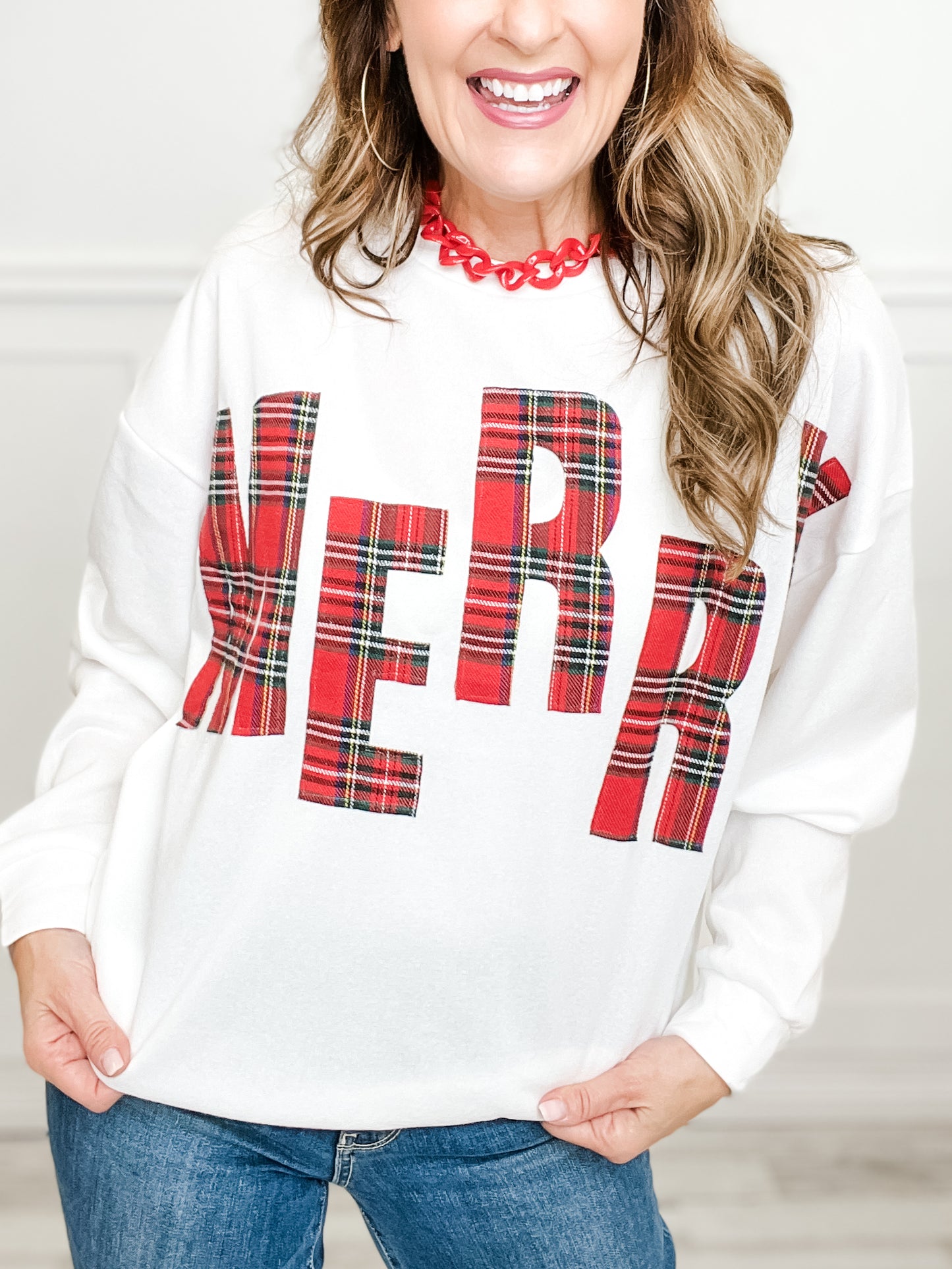 Long Sleeve Plaid Merry Lettering Fleece Top