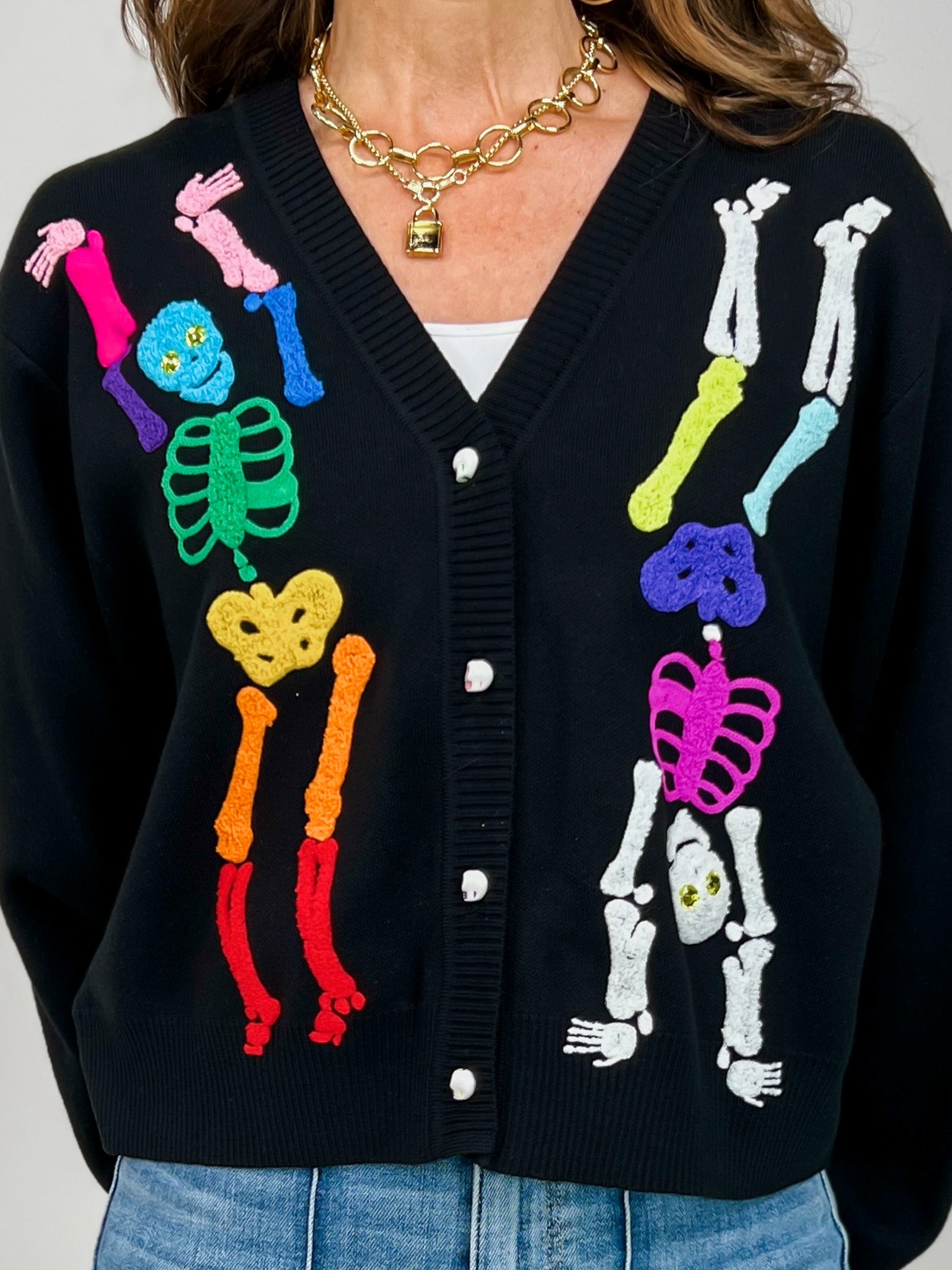 Queen of Sparkles Black Rainbow Skeleton Button Up Cardigan