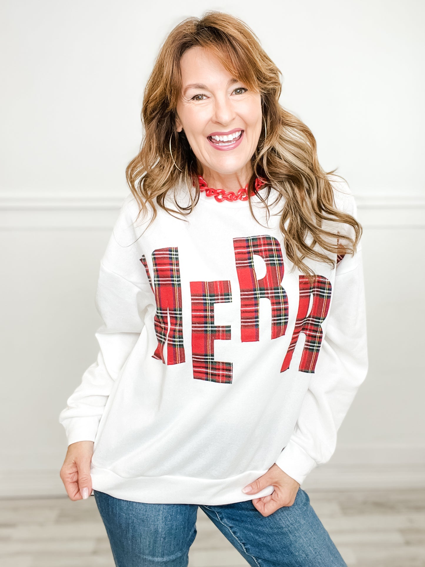 Long Sleeve Plaid Merry Lettering Fleece Top