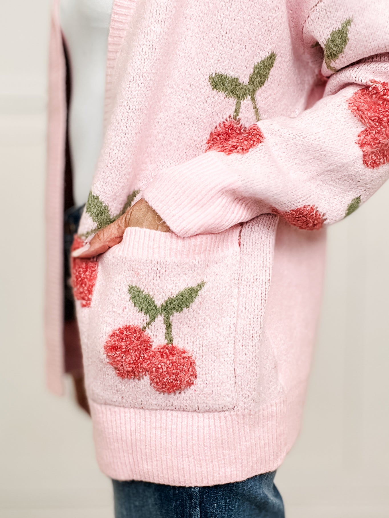 CHERRY PATTERN OPEN FRONT SWEATER CARDIGAN