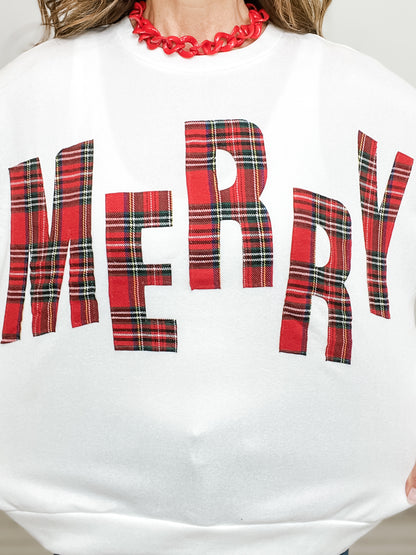 Long Sleeve Plaid Merry Lettering Fleece Top