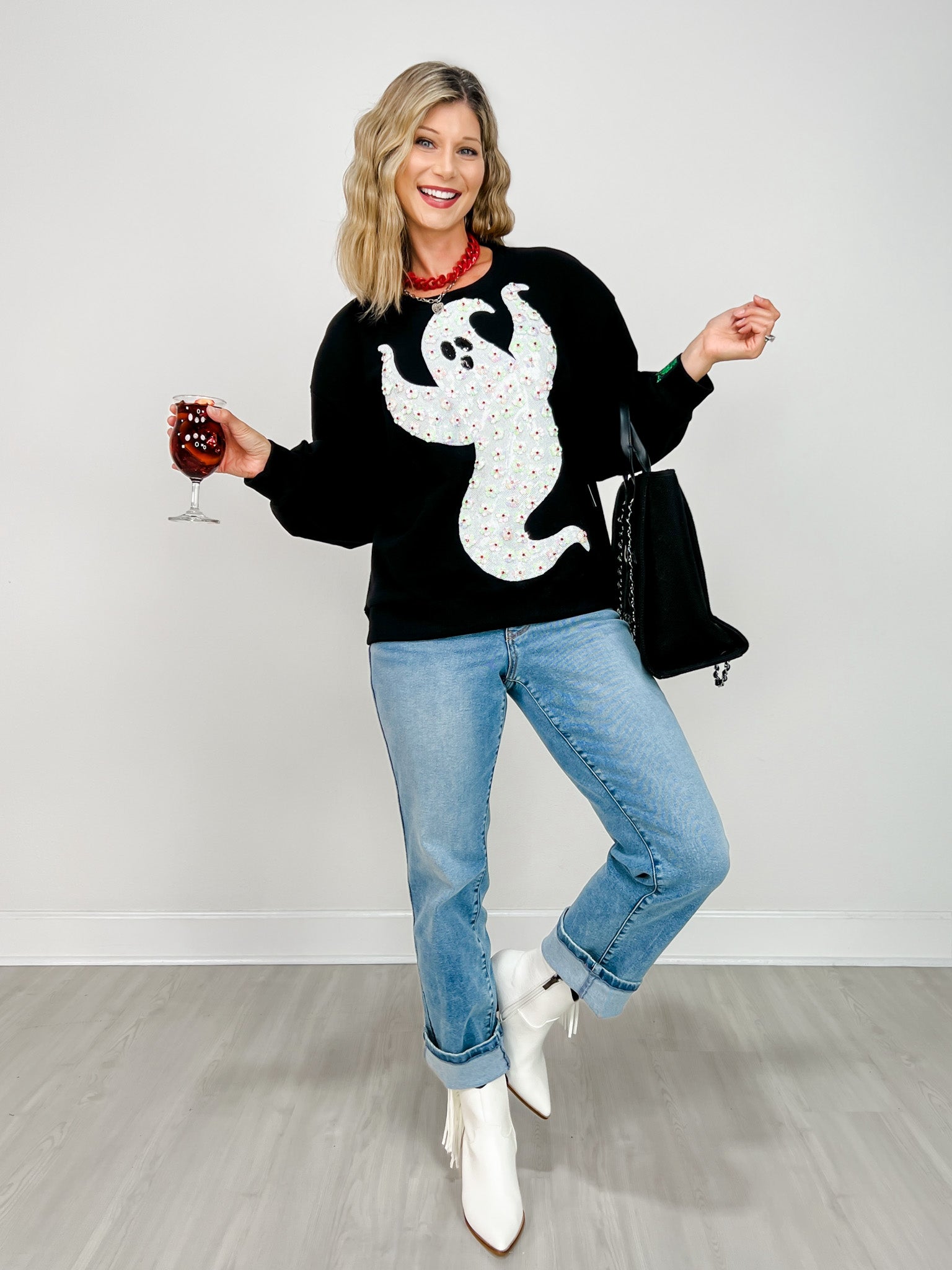 Queen of Sparkles Black & White Flower Sequin Ghost Sweatshirt