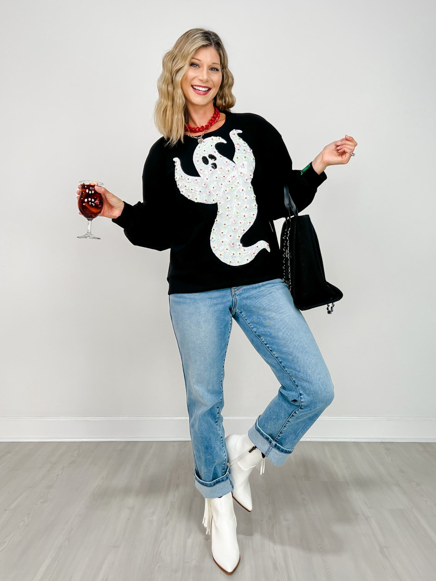 Queen of Sparkles Black & White Flower Sequin Ghost Sweatshirt