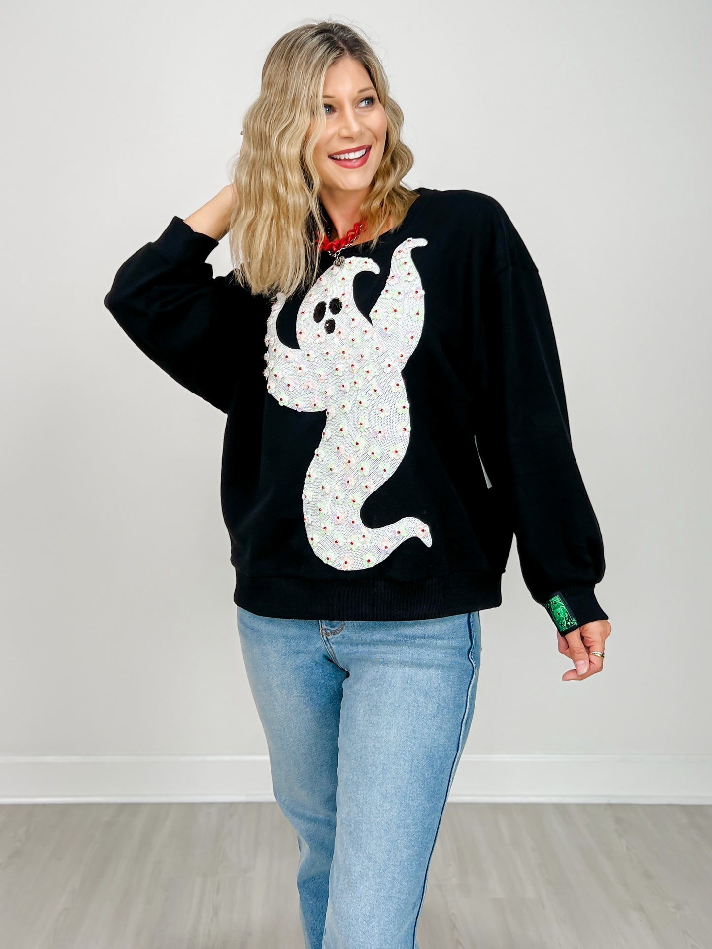 Queen of Sparkles Black & White Flower Sequin Ghost Sweatshirt