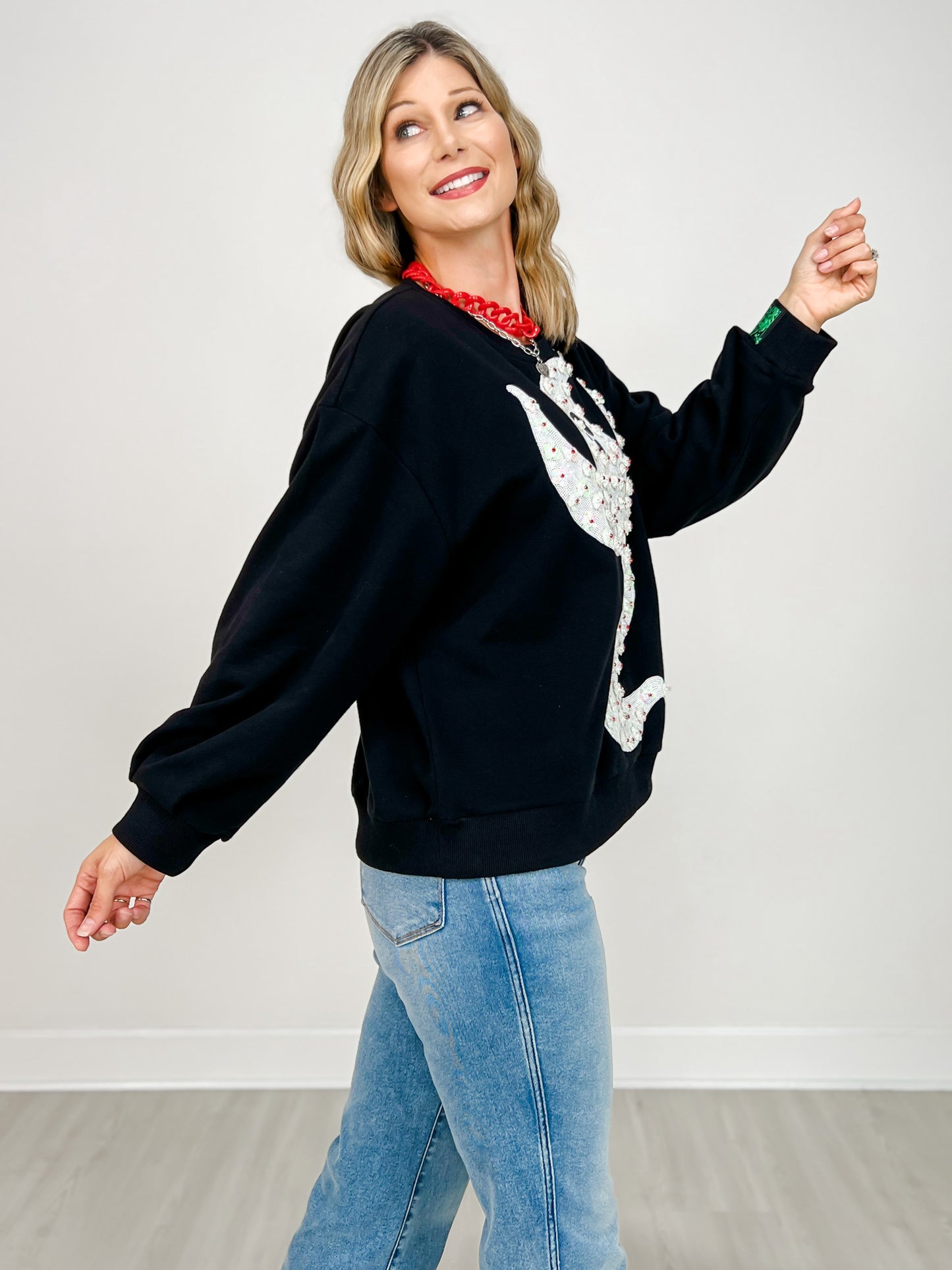 Queen of Sparkles Black & White Flower Sequin Ghost Sweatshirt