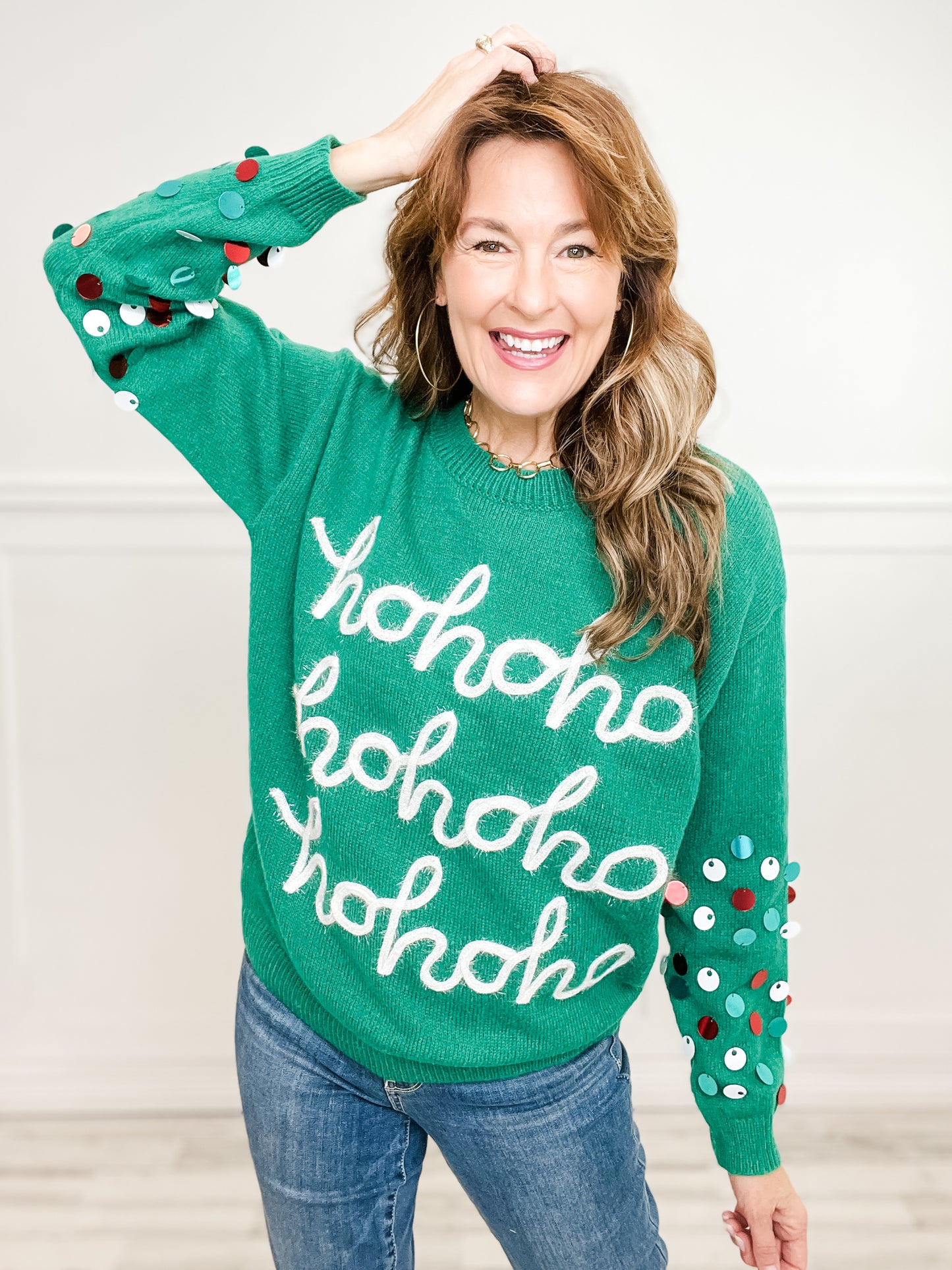 SPANGLED SLEEVE TINSEL LETTERING CHRISTMAS SWEATER