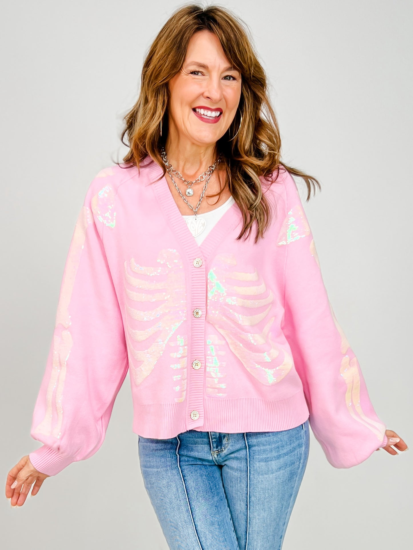 Queen of Sparkles Light Pink Skeleton Button-Up Cardigan
