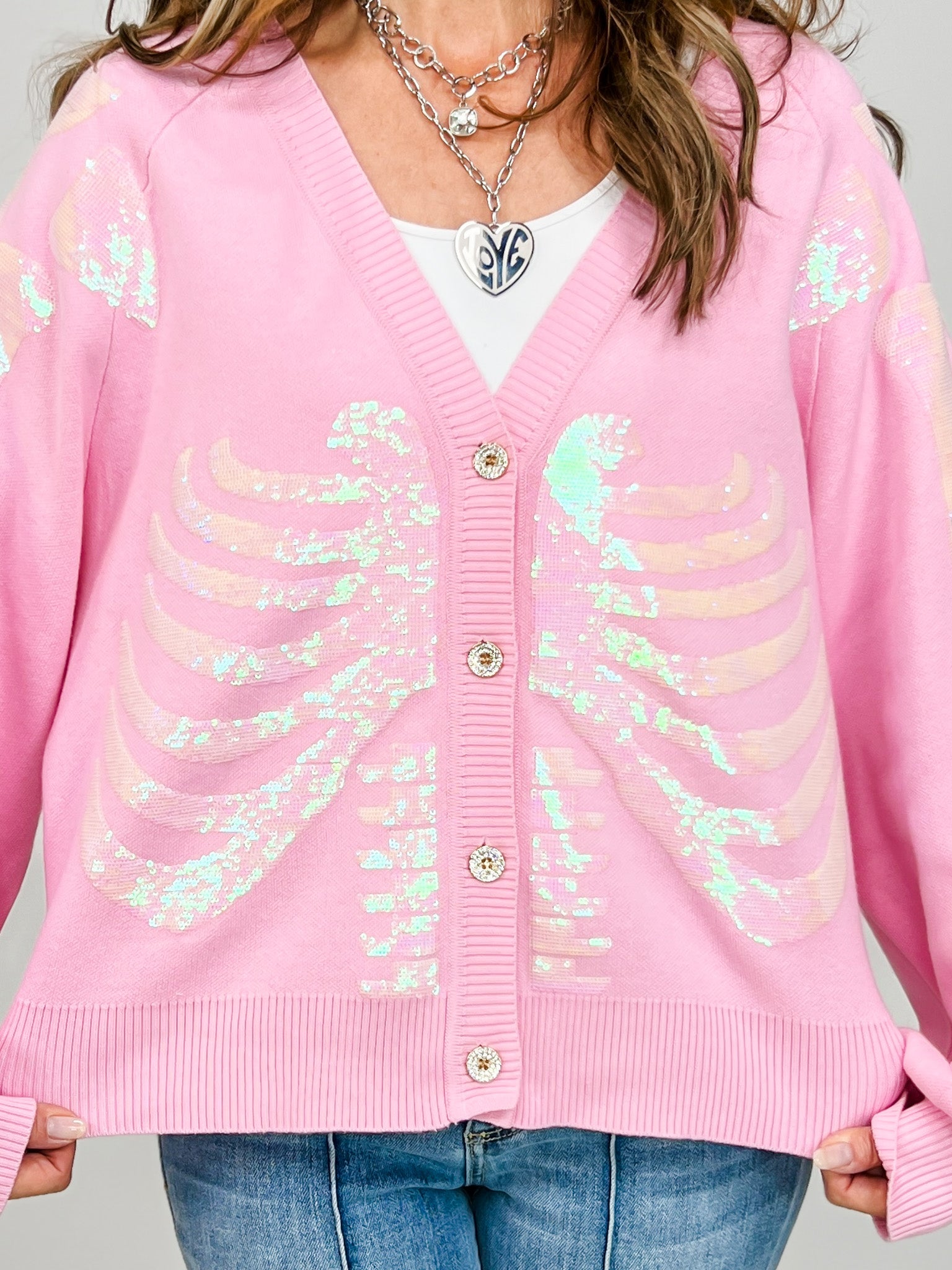 Queen of Sparkles Light Pink Skeleton Button-Up Cardigan – Emma